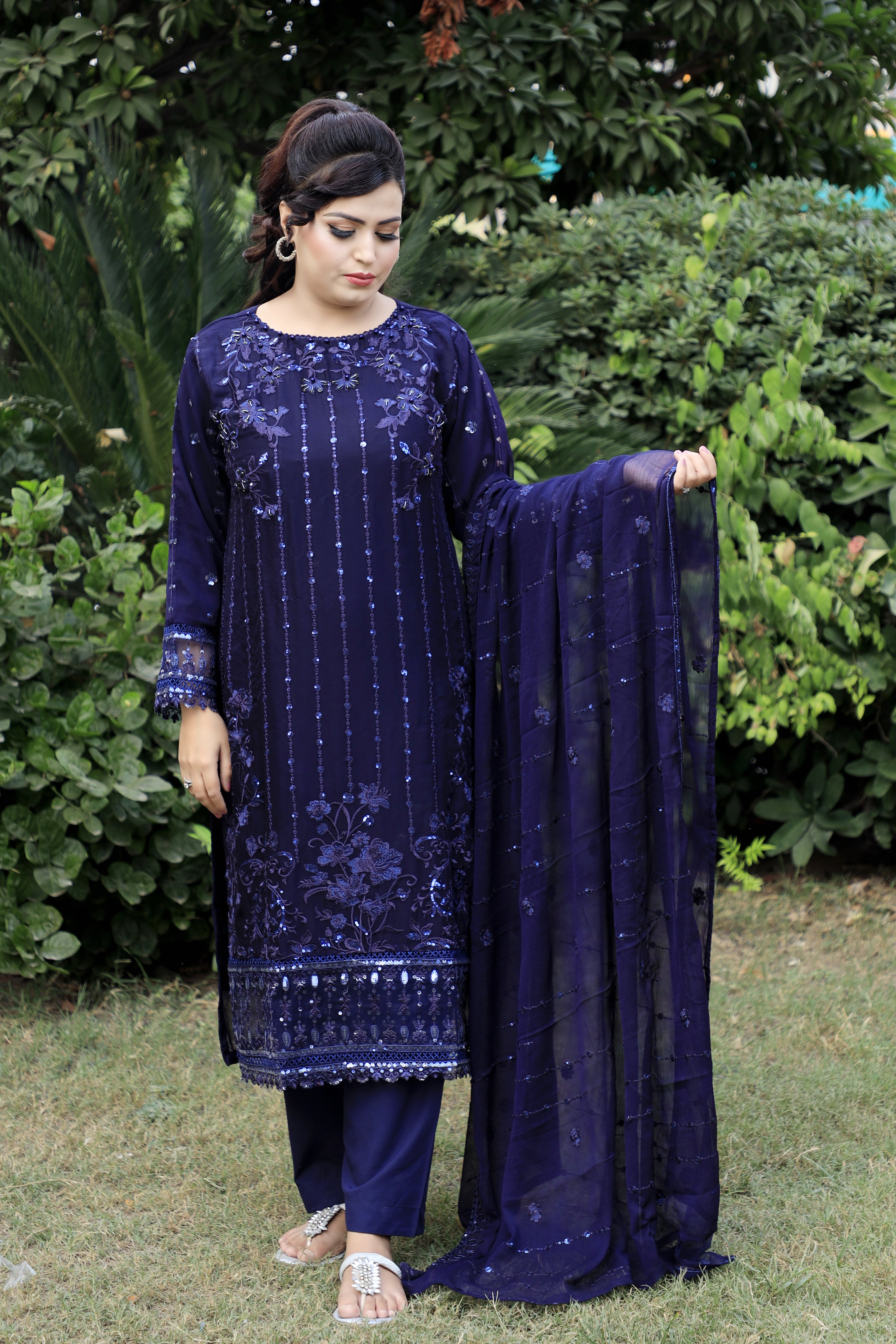 3-Piece Crinkle Chiffon Suit with Pearl, Cutdana, and Embroidery