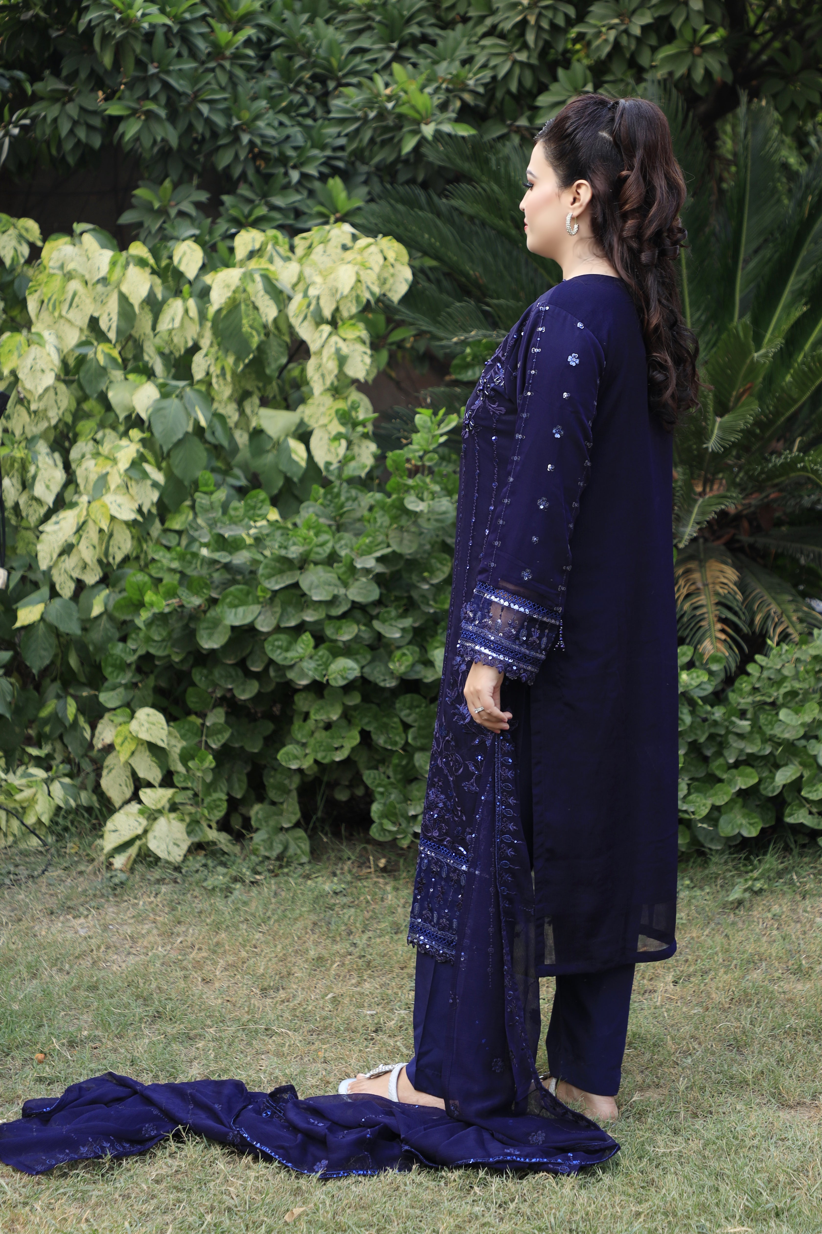 3-Piece Crinkle Chiffon Suit with Pearl, Cutdana, and Embroidery