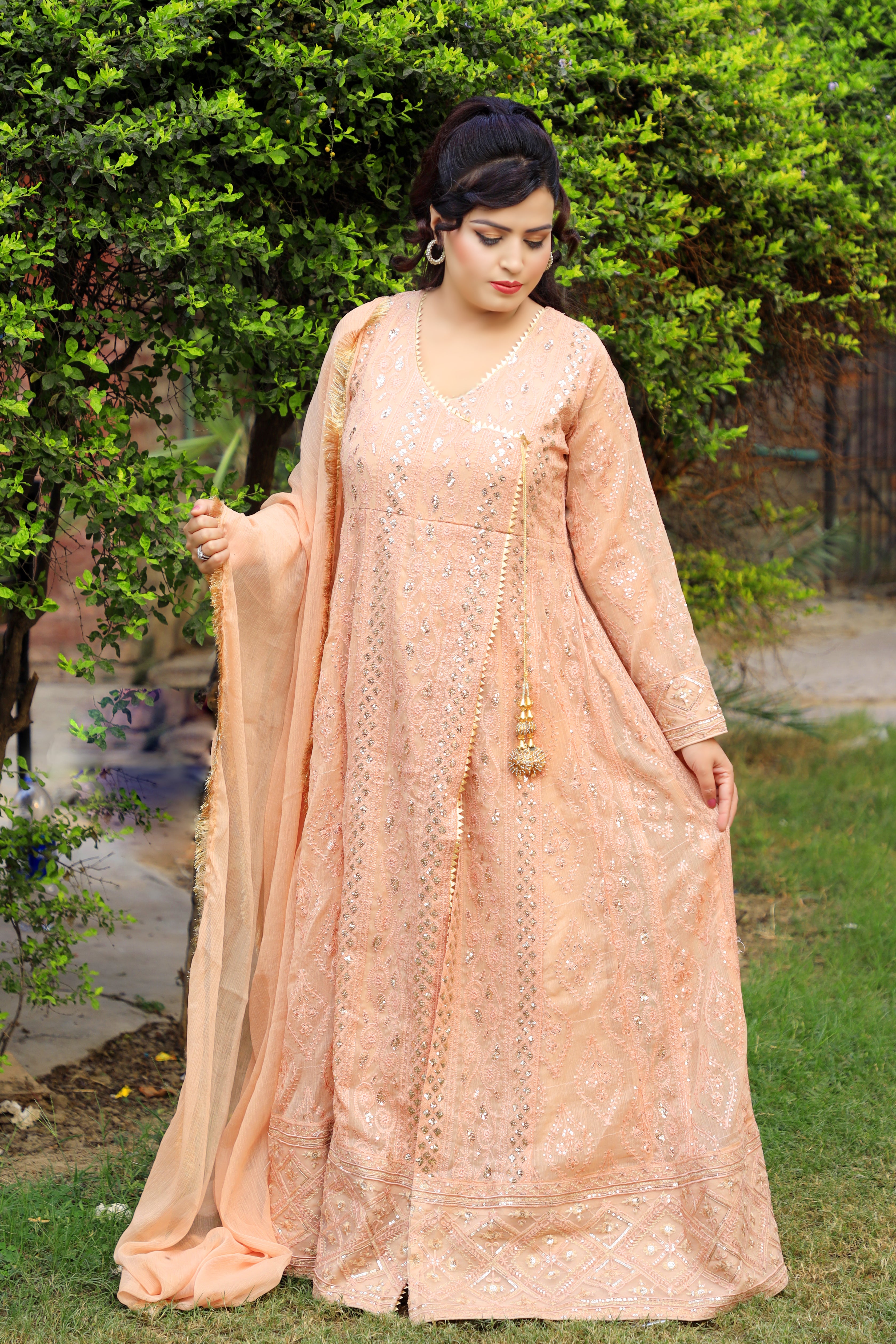 3-Piece Crinkle Chiffon Angrakha Style Suit with Zari and Sequin Work