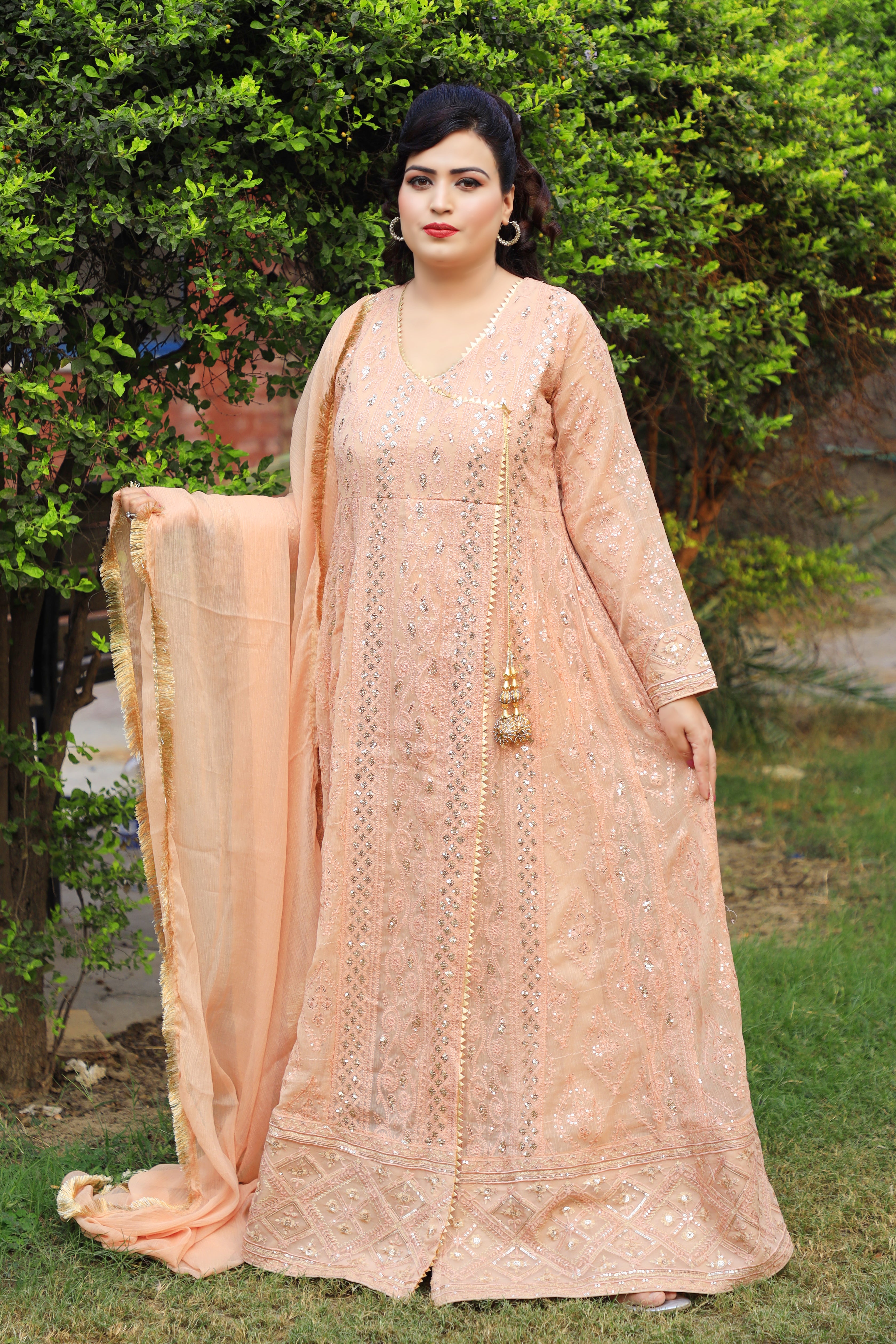 3-Piece Crinkle Chiffon Angrakha Style Suit with Zari and Sequin Work