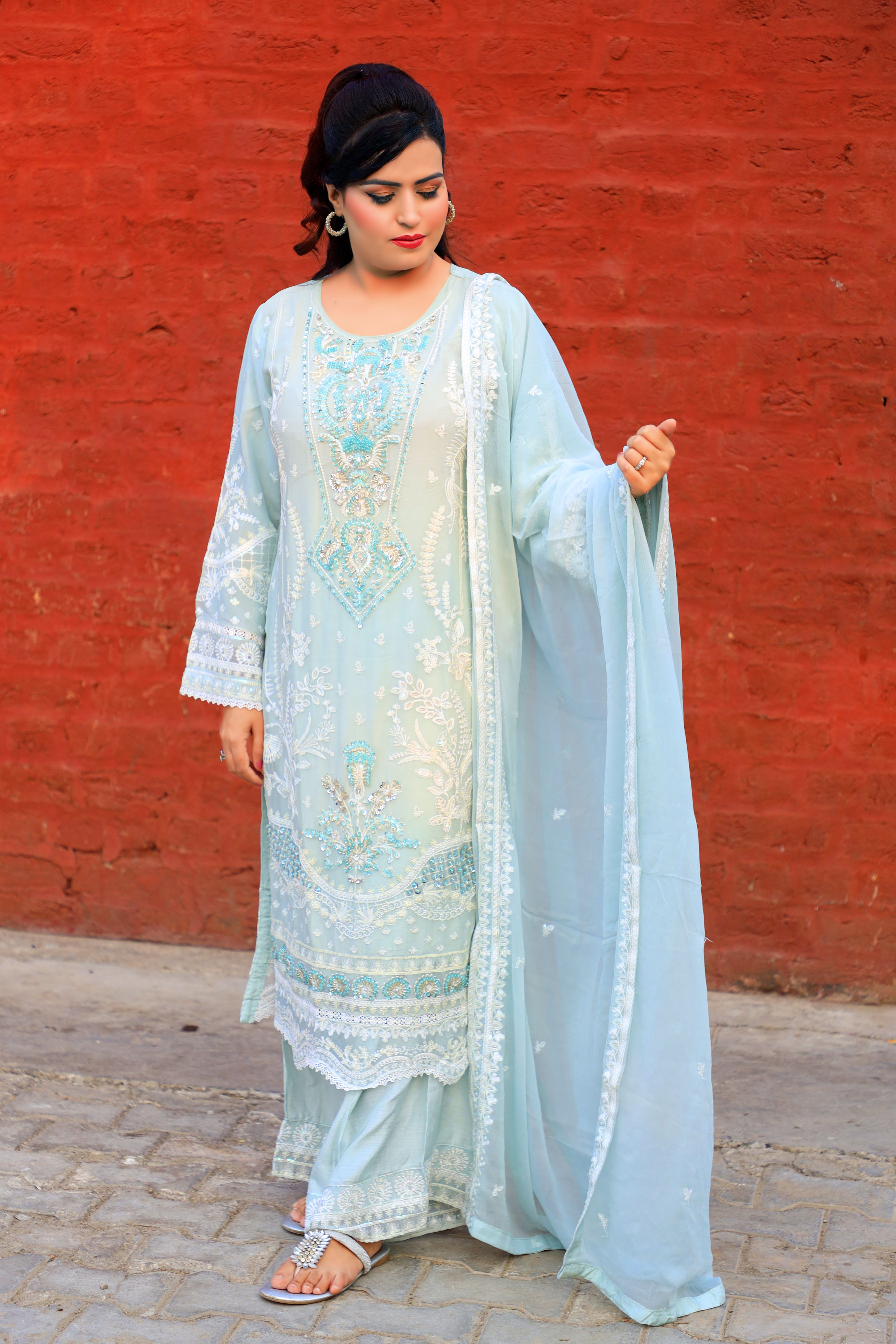 3-Piece Crinkle Chiffon Suit with Pearl and Thread Embroidery