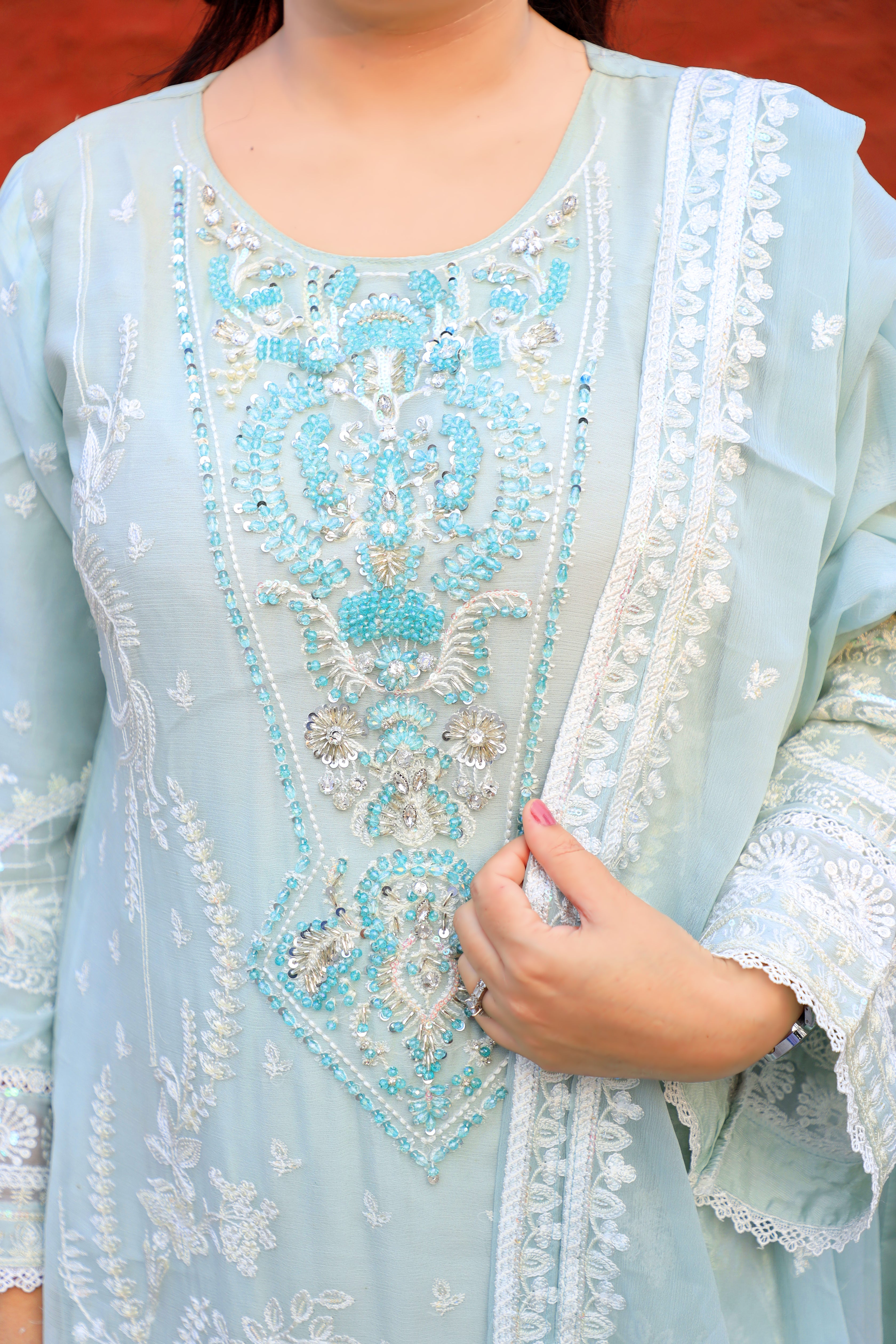 3-Piece Crinkle Chiffon Suit with Pearl and Thread Embroidery