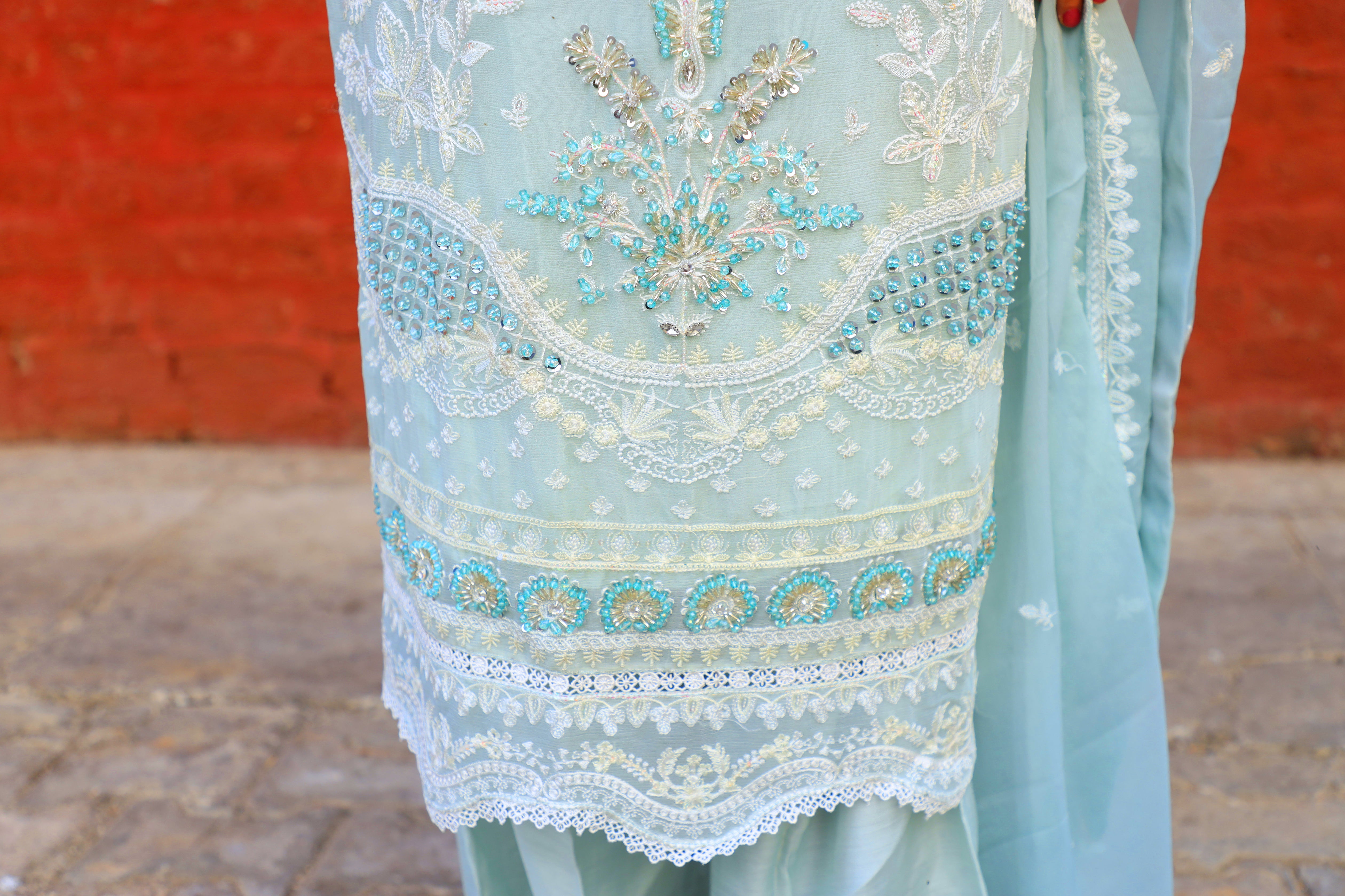 3-Piece Crinkle Chiffon Suit with Pearl and Thread Embroidery