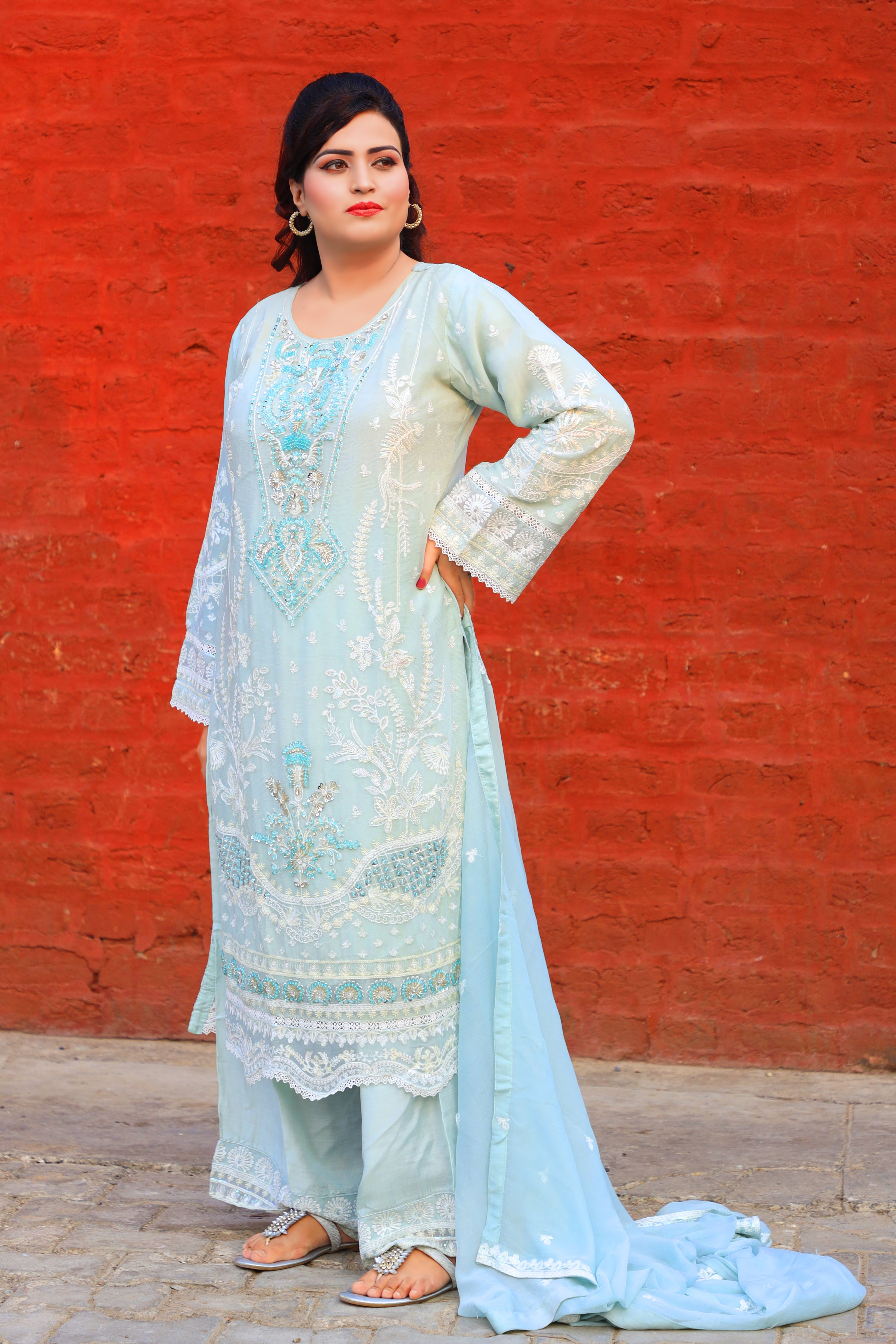 3-Piece Crinkle Chiffon Suit with Pearl and Thread Embroidery