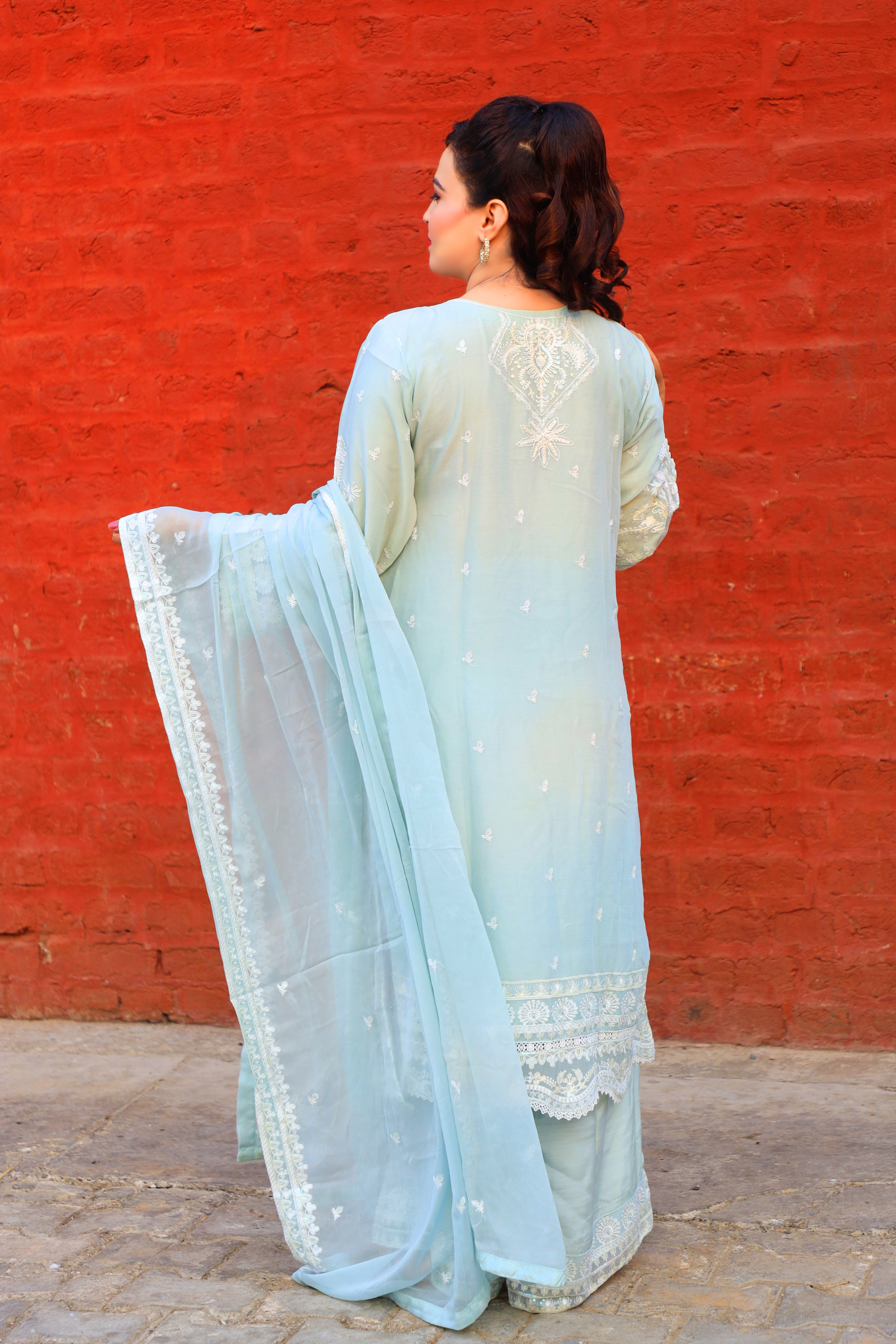 3-Piece Crinkle Chiffon Suit with Pearl and Thread Embroidery