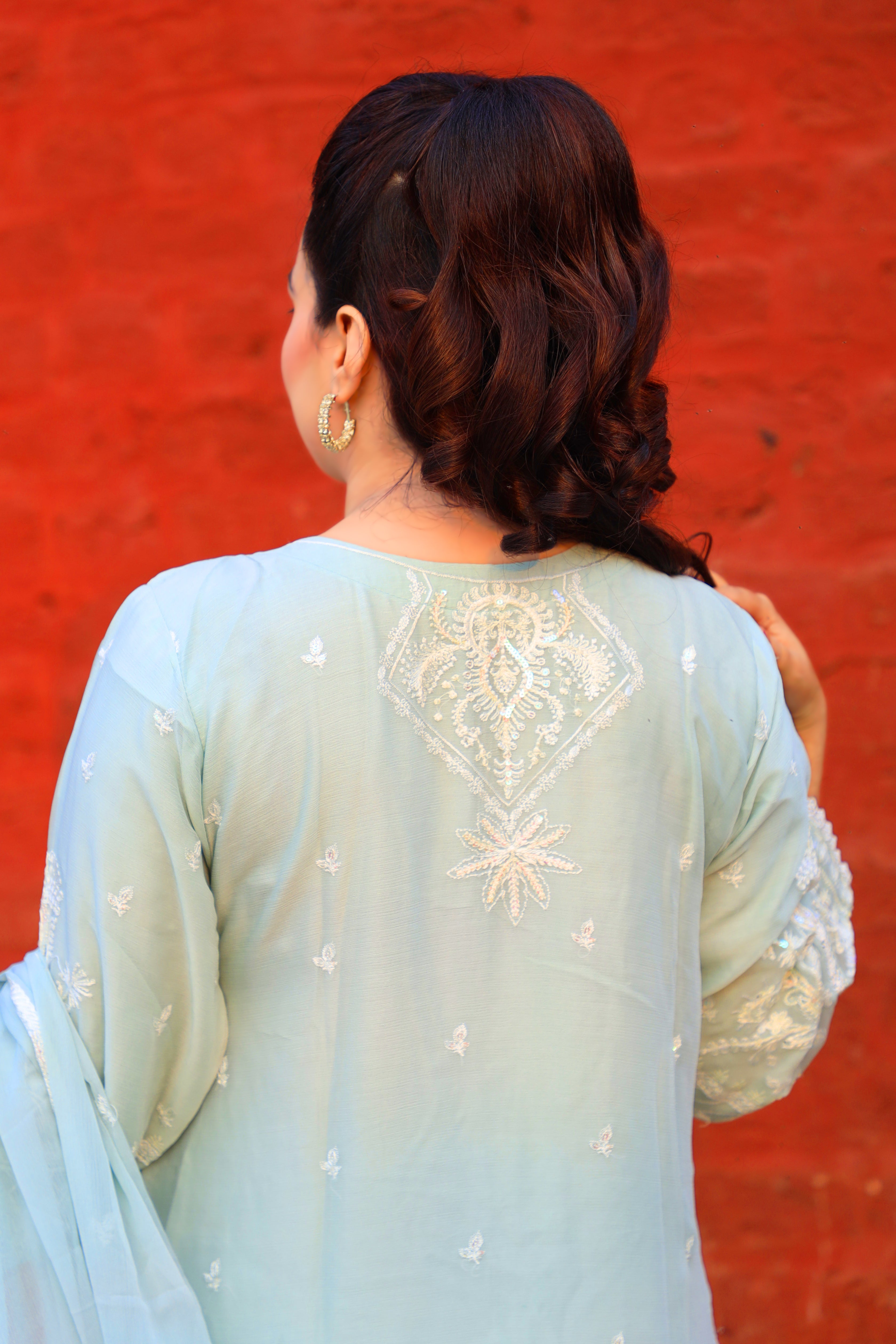 3-Piece Crinkle Chiffon Suit with Pearl and Thread Embroidery