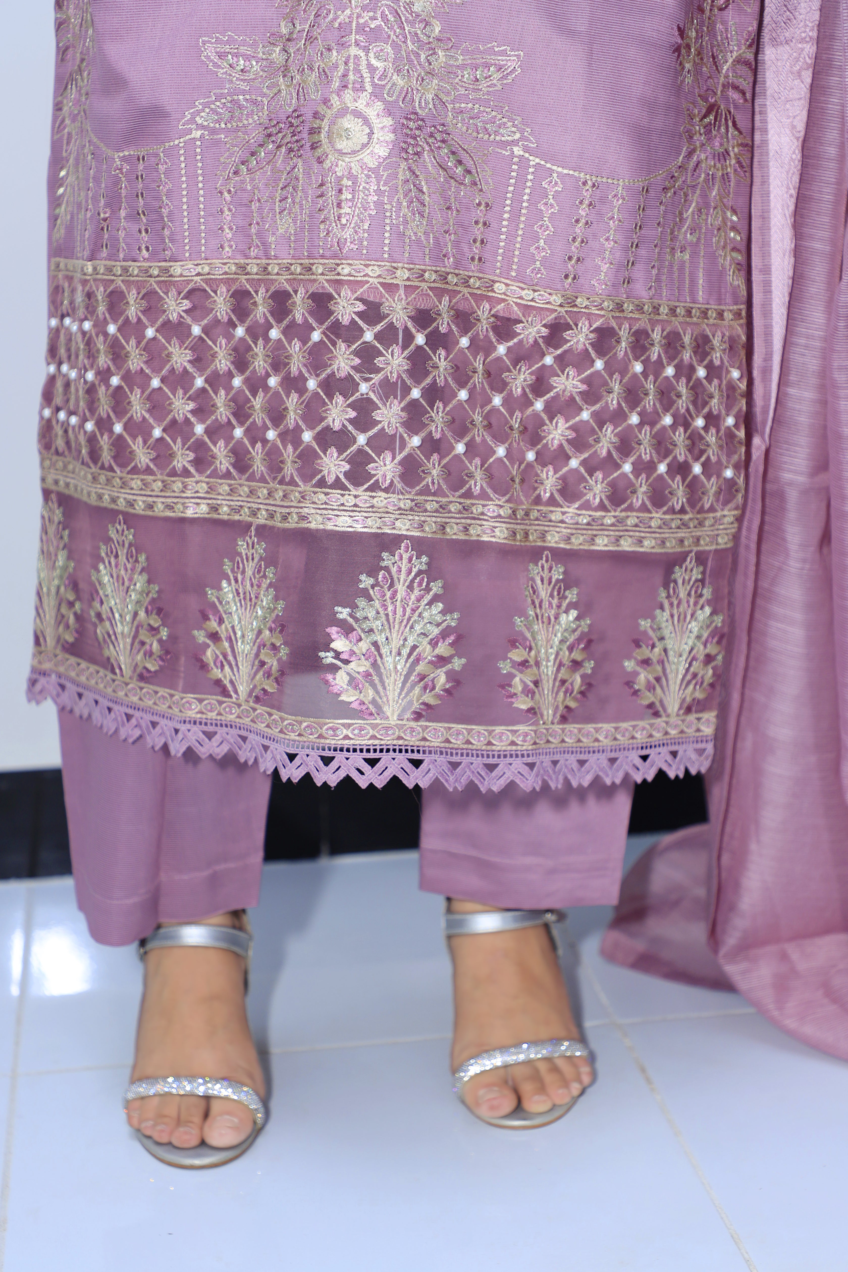 3-Piece Khadi Suit with Embroidered Neckline and Organza Detailing