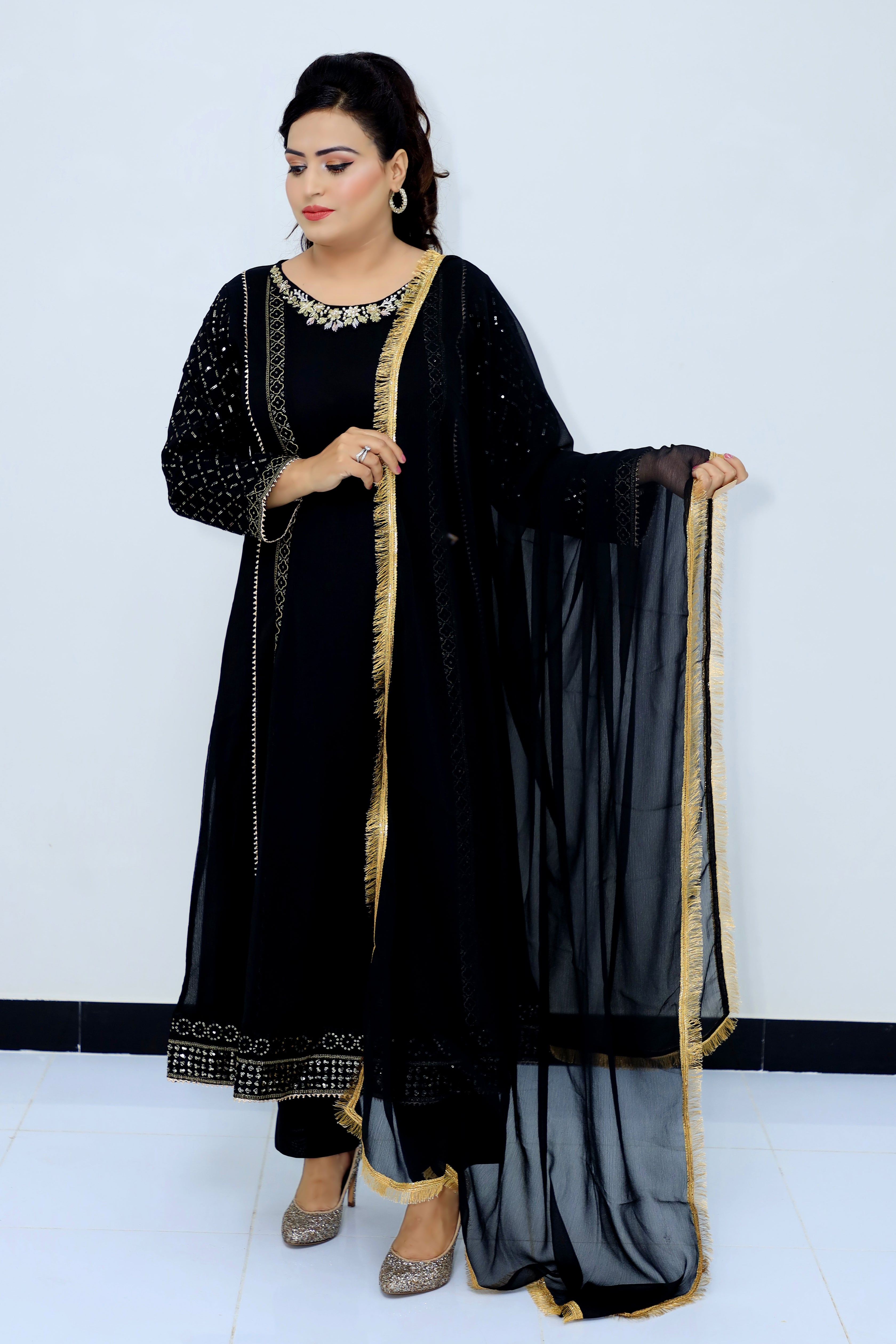 3-Piece Crinkle Chiffon Maxi with Embroidered Shirt and Gota Kinara Dupatta