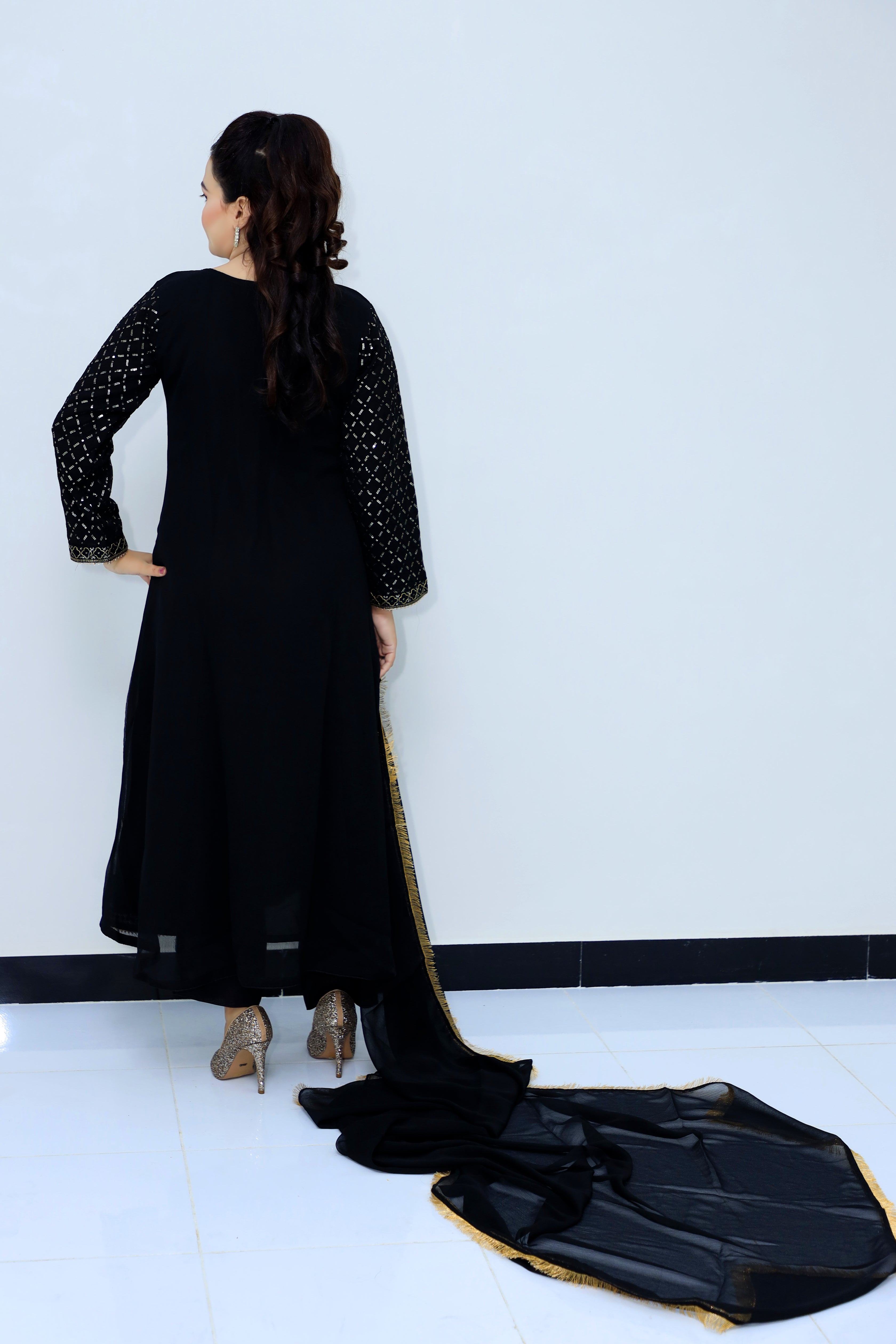 3-Piece Crinkle Chiffon Maxi with Embroidered Shirt and Gota Kinara Dupatta