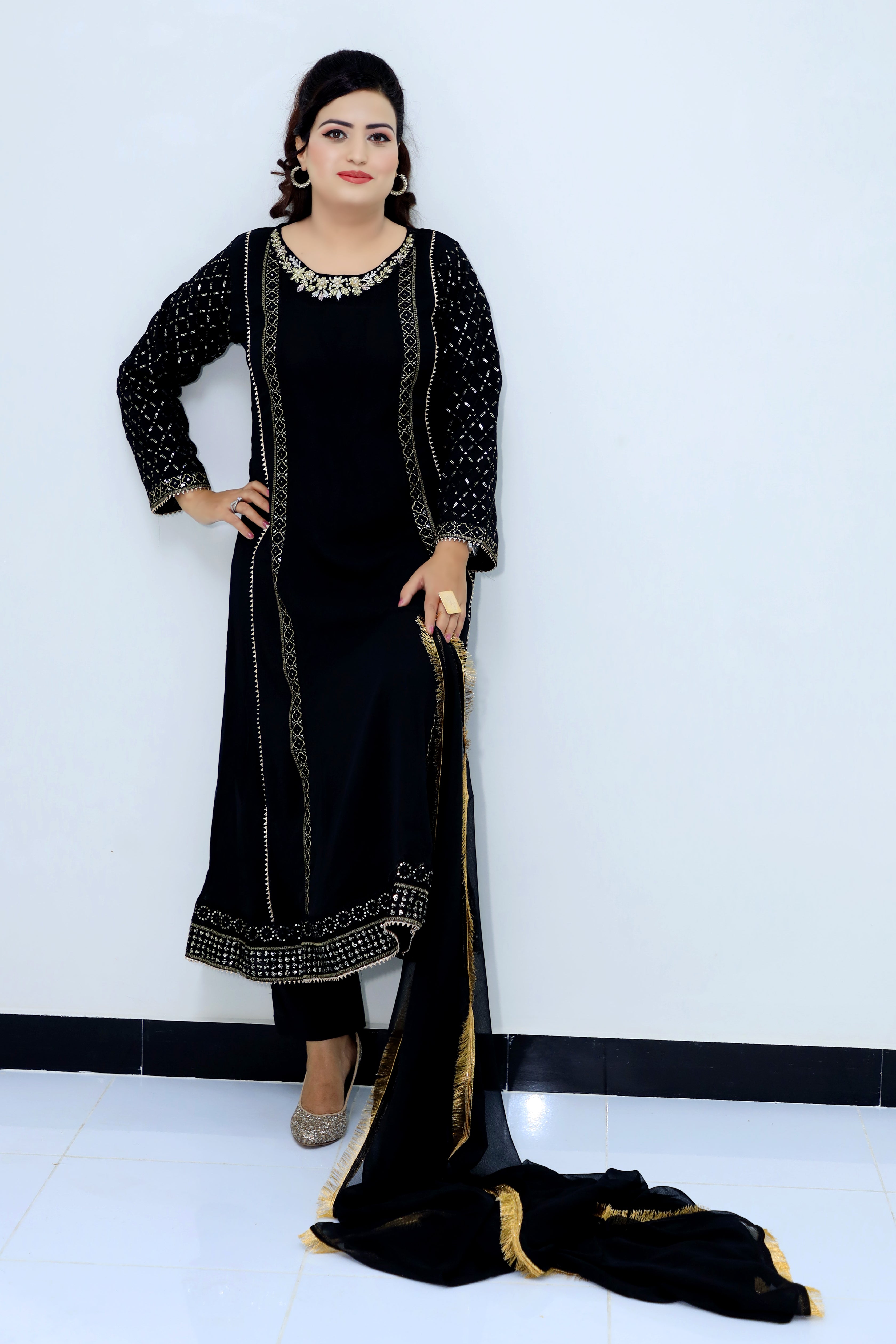 3-Piece Crinkle Chiffon Maxi with Embroidered Shirt and Gota Kinara Dupatta