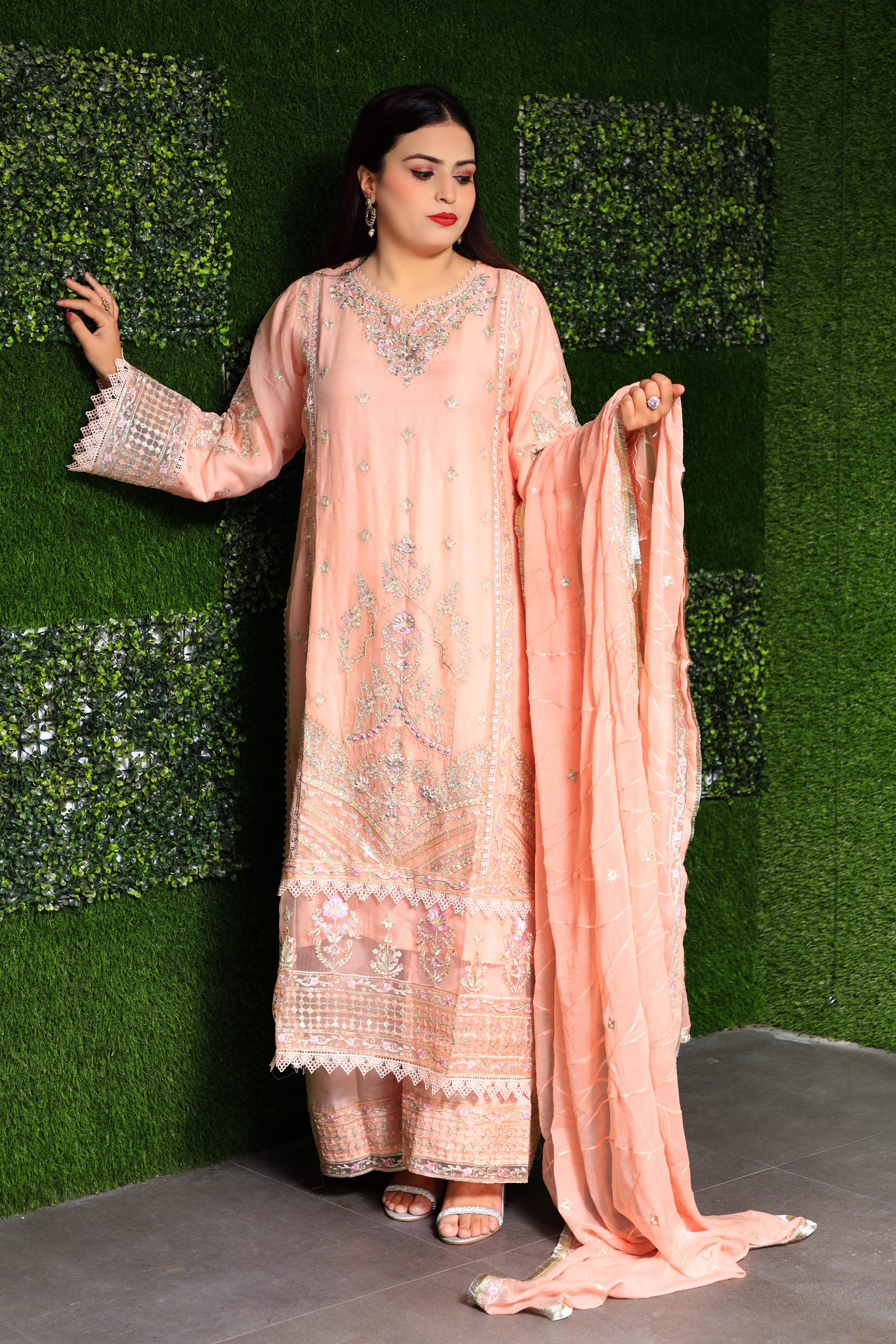 3-Piece Peach Crinkle Chiffon Suit with Embroidery and Cutwork