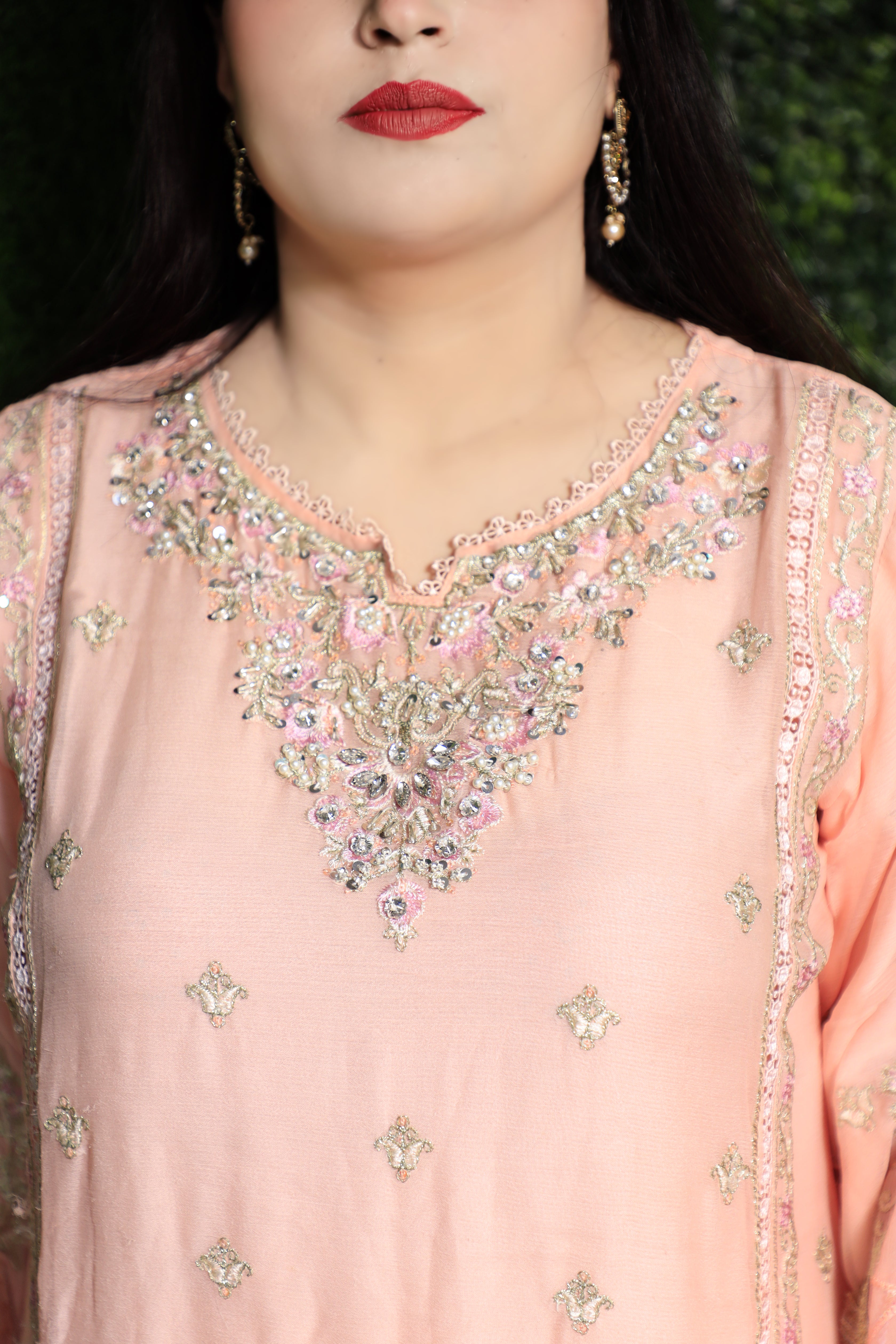 3-Piece Peach Crinkle Chiffon Suit with Embroidery and Cutwork