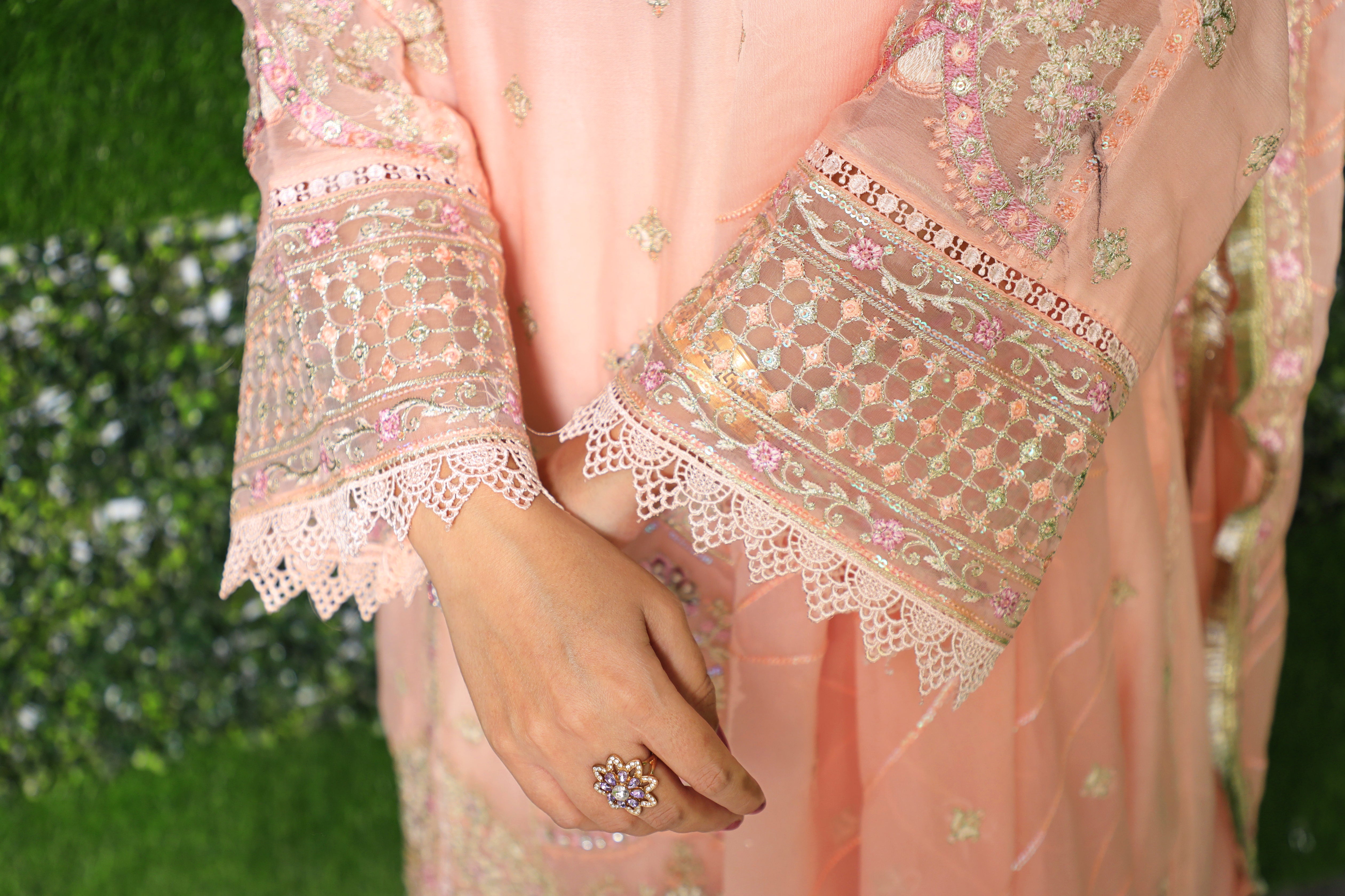 3-Piece Peach Crinkle Chiffon Suit with Embroidery and Cutwork