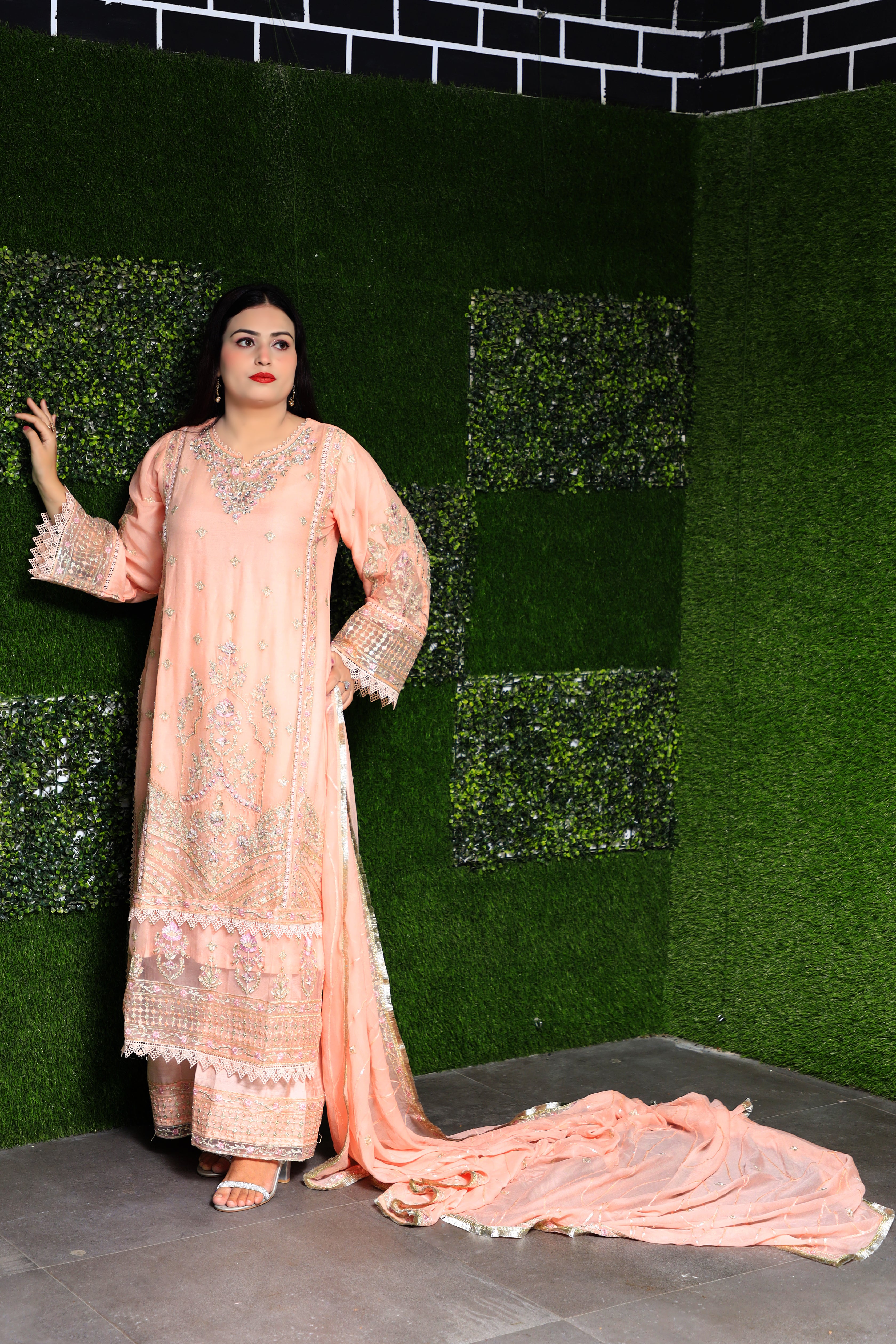 3-Piece Peach Crinkle Chiffon Suit with Embroidery and Cutwork