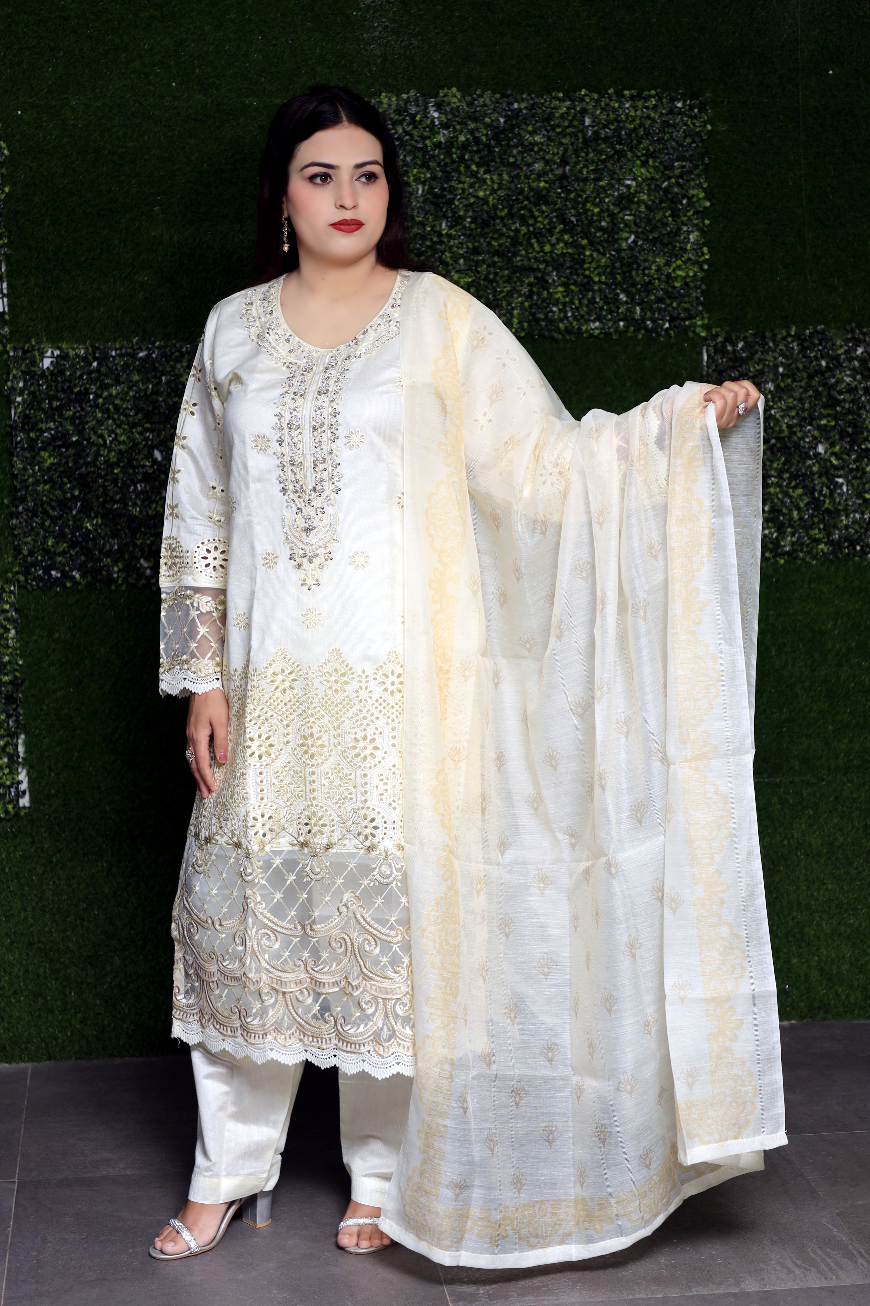 3-Piece Khadi Suit with Chikankari and Organza Embroidery