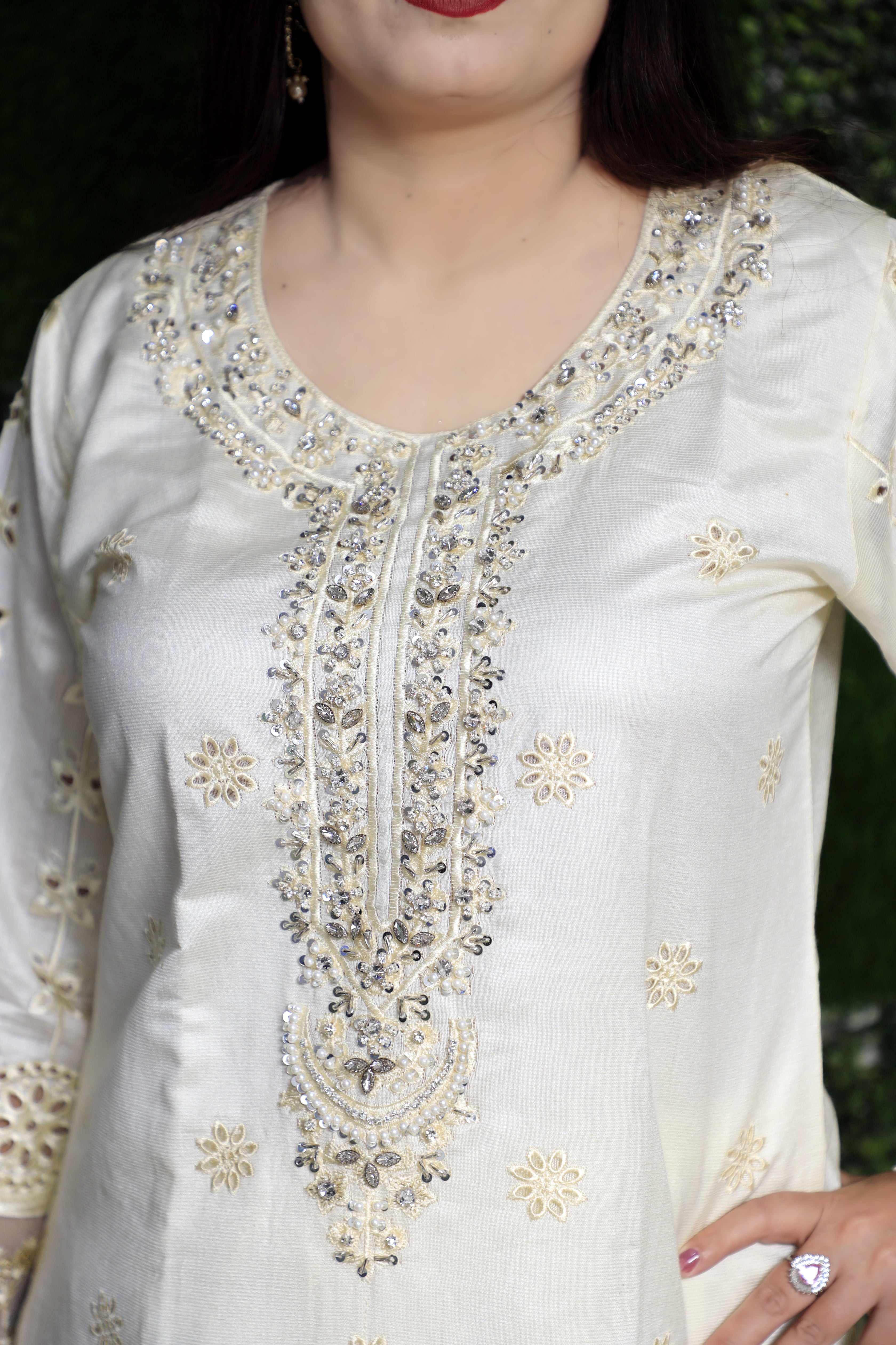 3-Piece Khadi Suit with Chikankari and Organza Embroidery