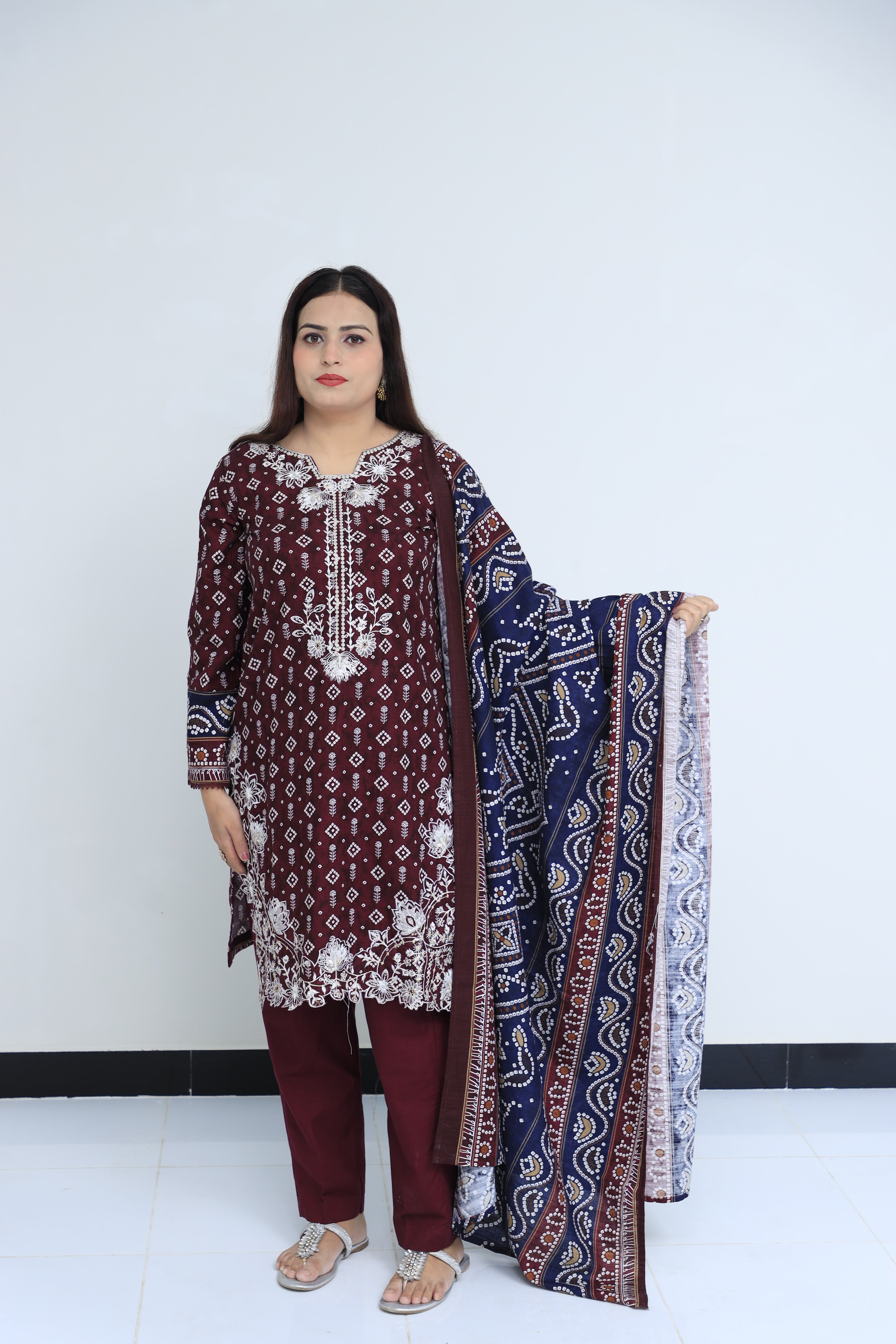 3Pc Embroidered Khaddar Suit with Printed Dupatta