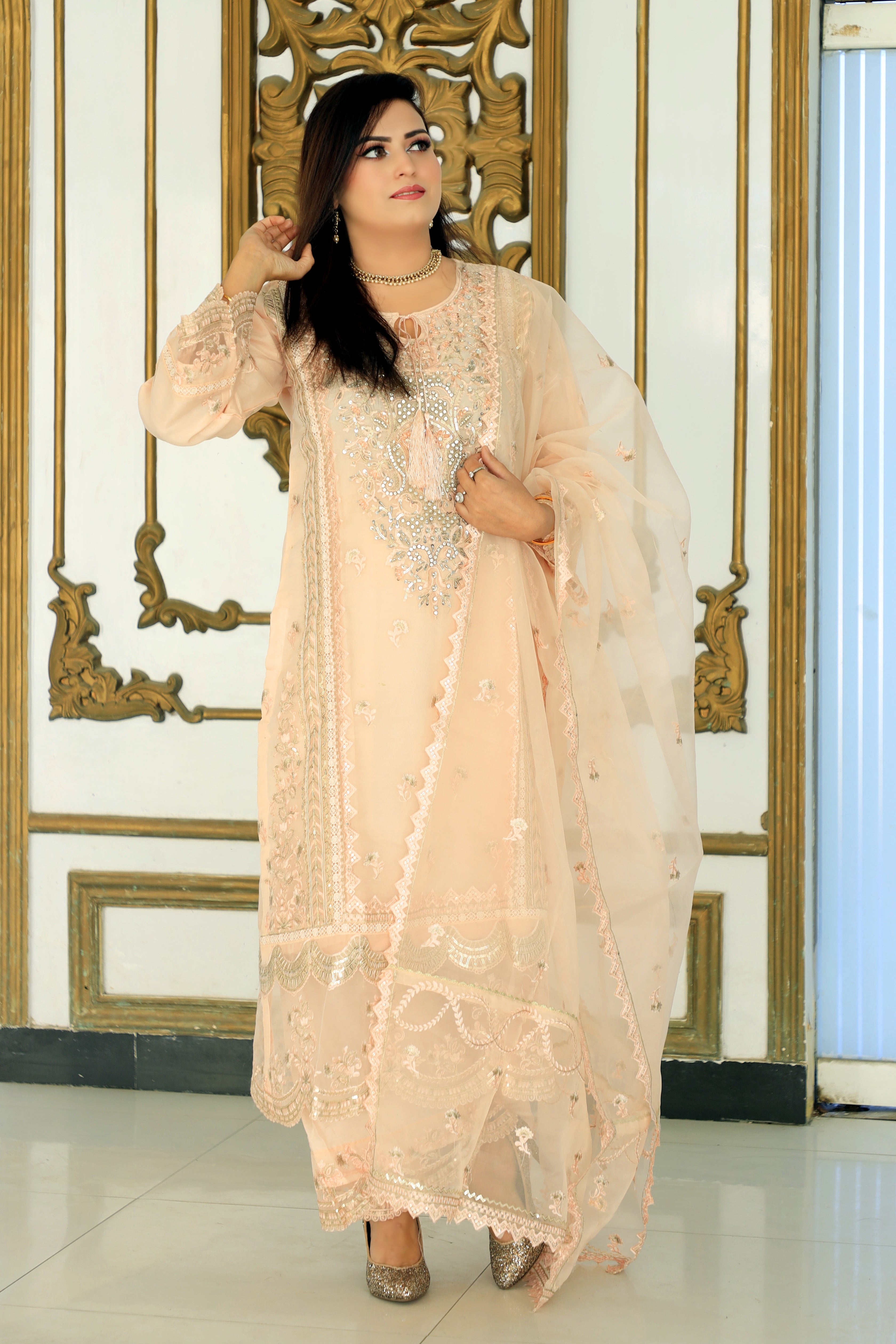 3-Piece Organza Suit with Stone, Zari, and Sequin Embroidery