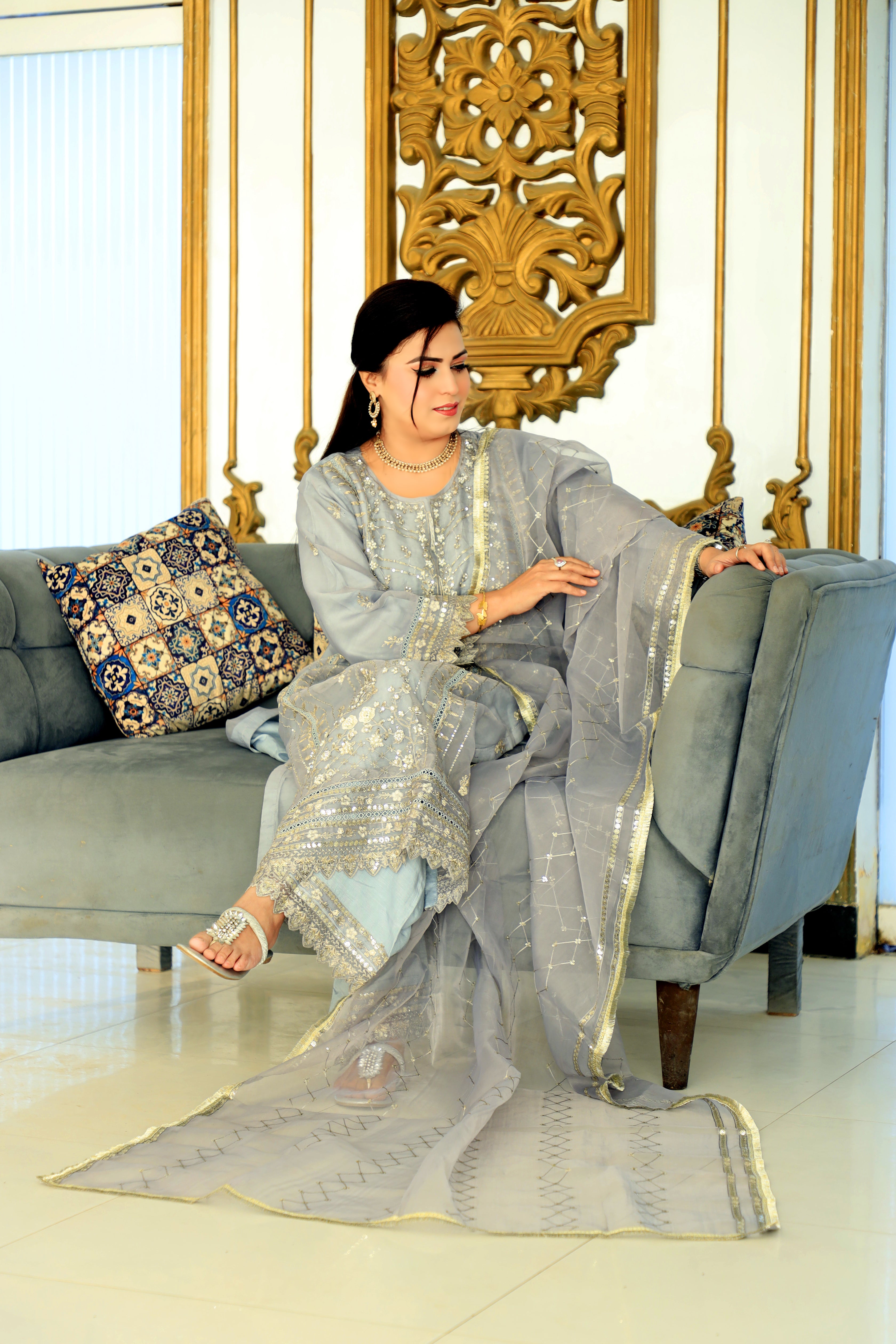 3-Piece Organza Gray Suit with Embroidery, Pearls, and Sequins