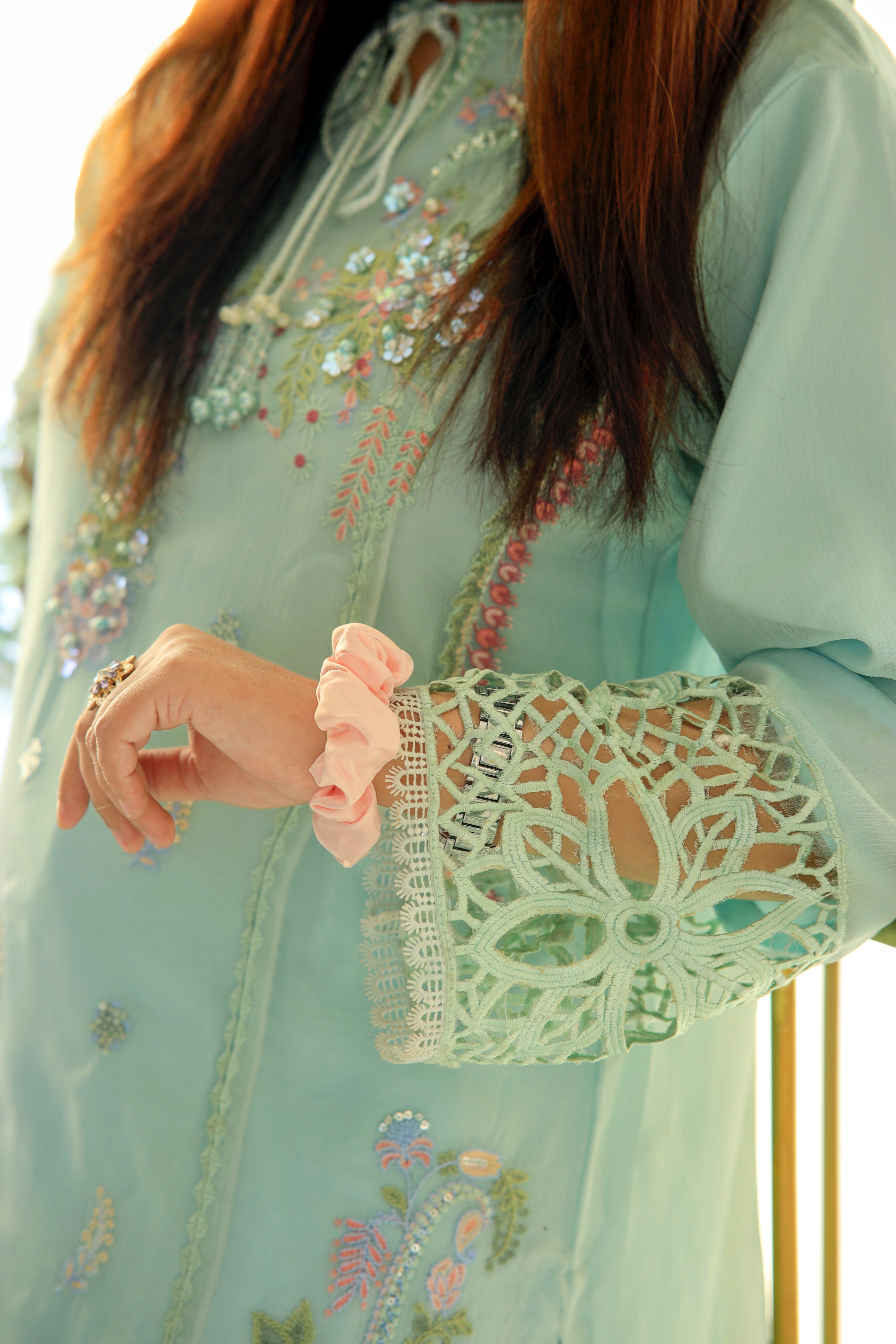 3-Piece Crinkle Chiffon Suit with Pearl Embroidery and Gotta Lace Dupatta