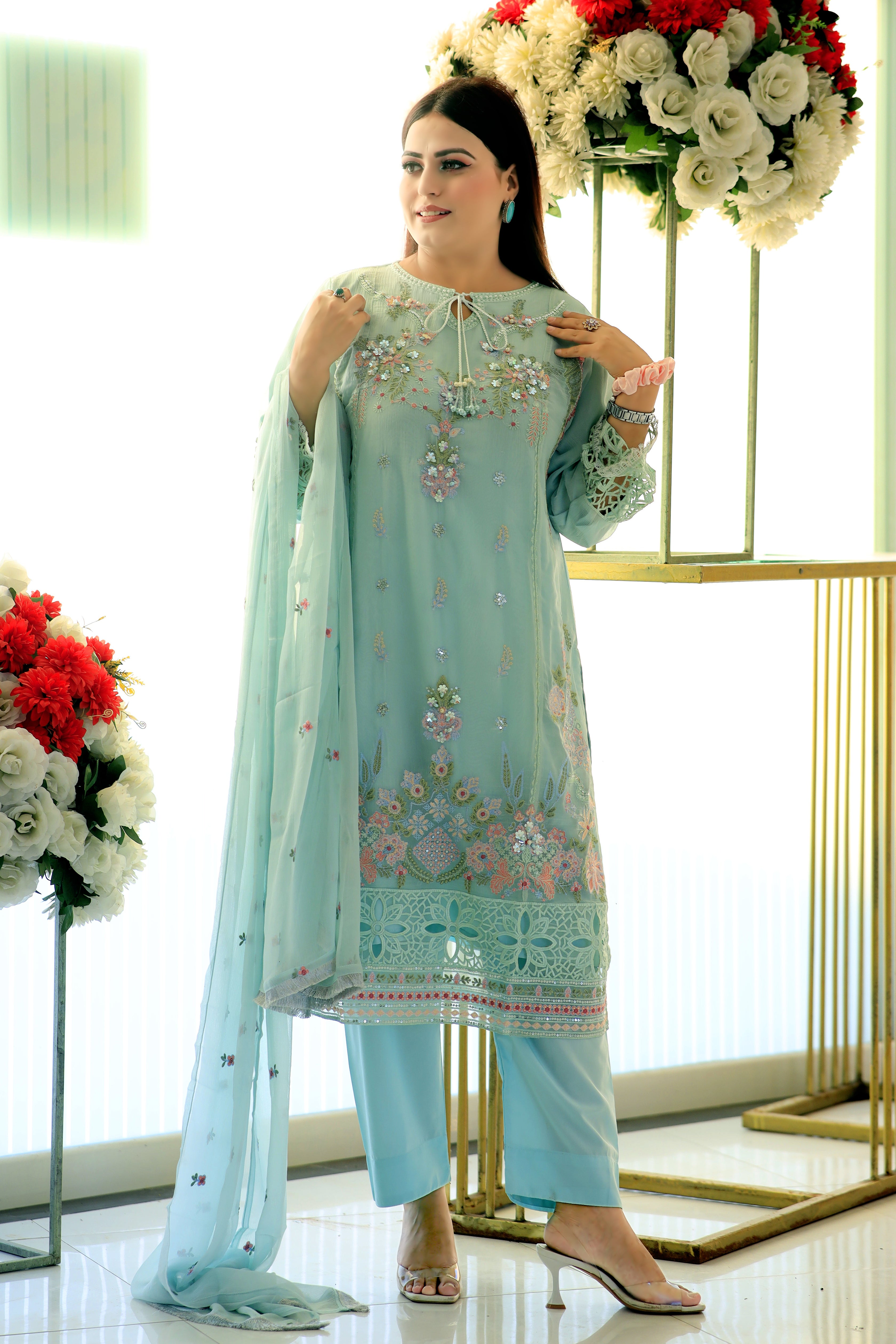 3-Piece Crinkle Chiffon Suit with Pearl Embroidery and Gotta Lace Dupatta