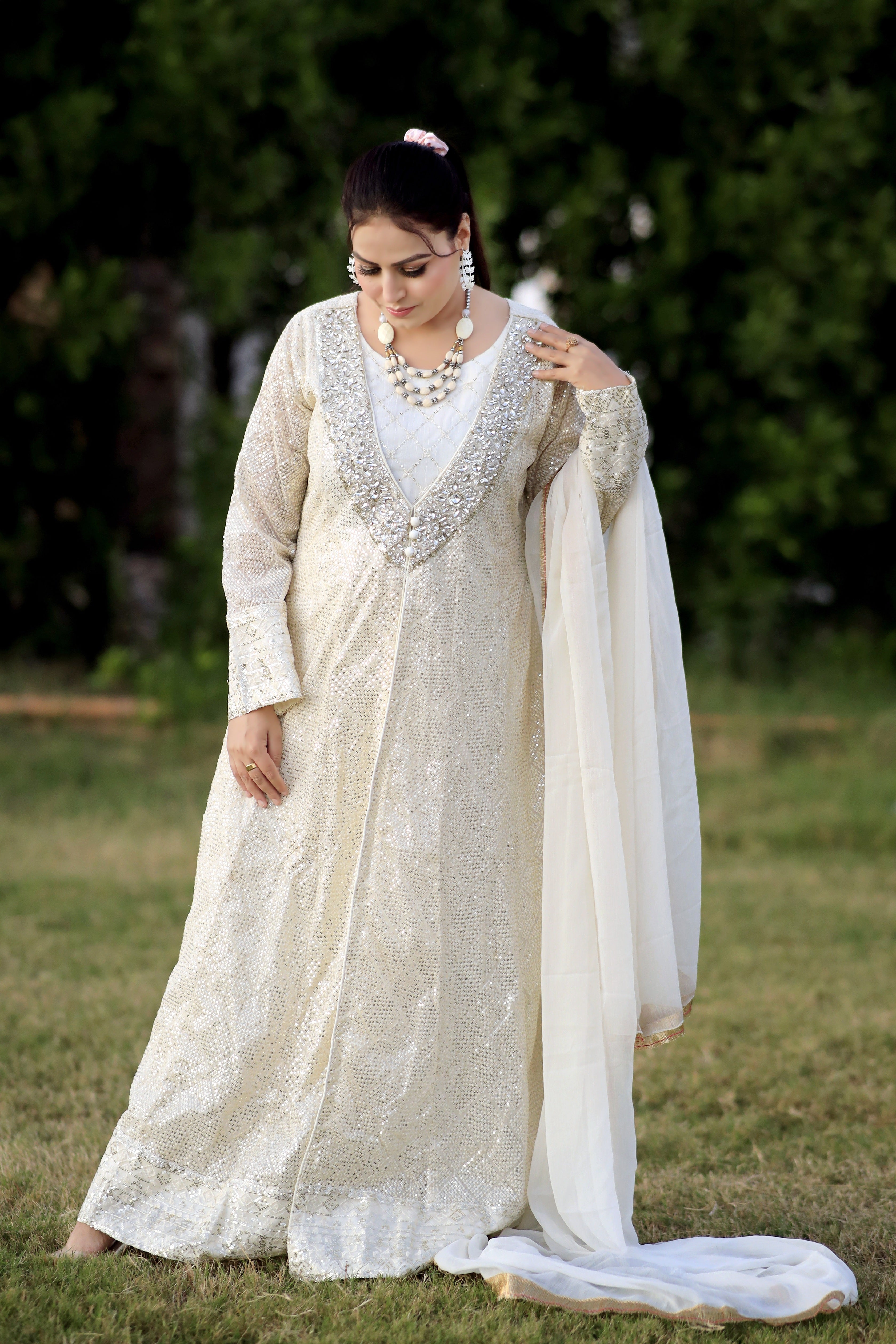 3Pc Chiffon Angrakha Frock with Embroidery, Sequin Work, and Kiran Lace Dupatta