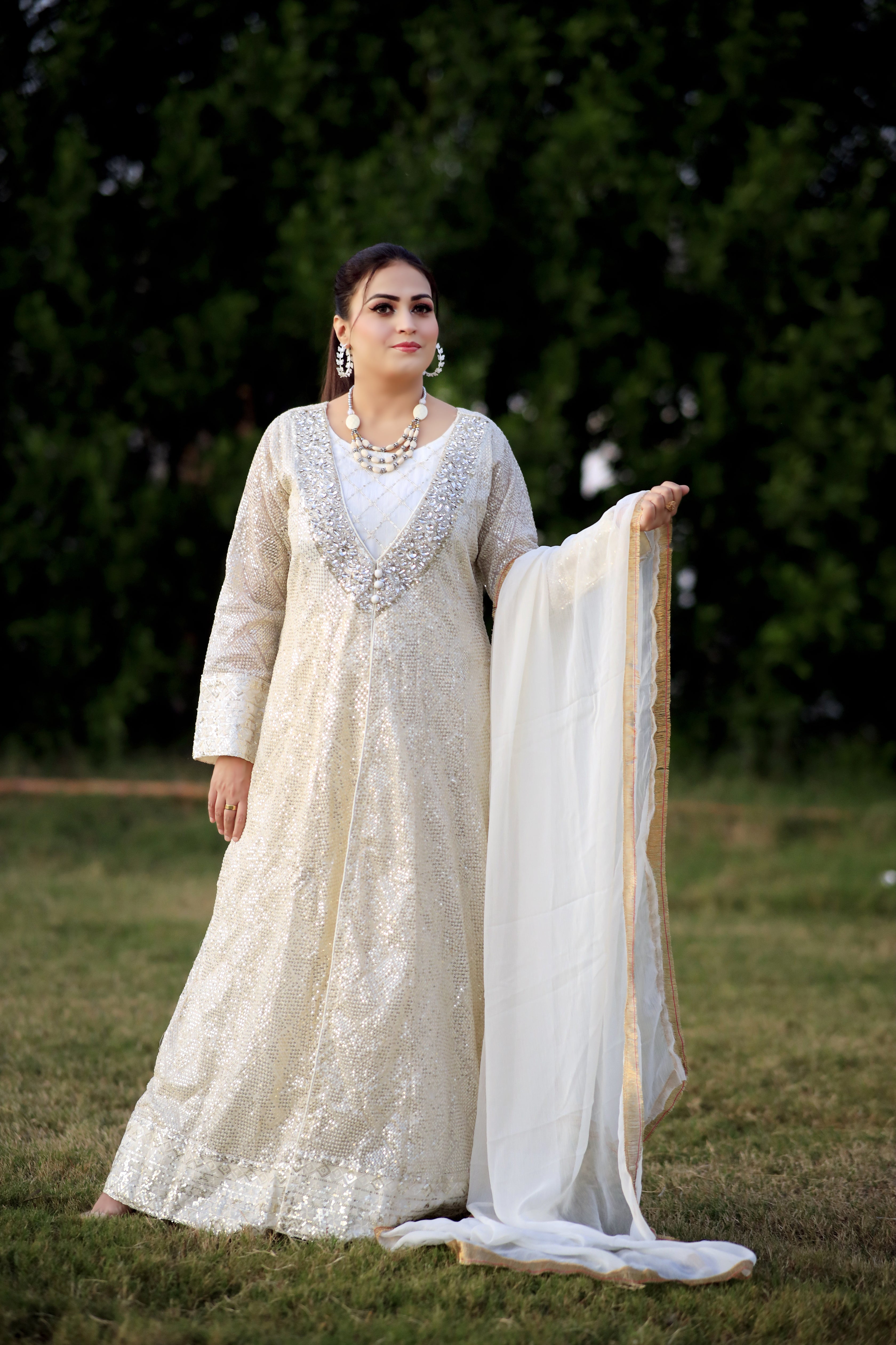 3Pc Chiffon Angrakha Frock with Embroidery, Sequin Work, and Kiran Lace Dupatta