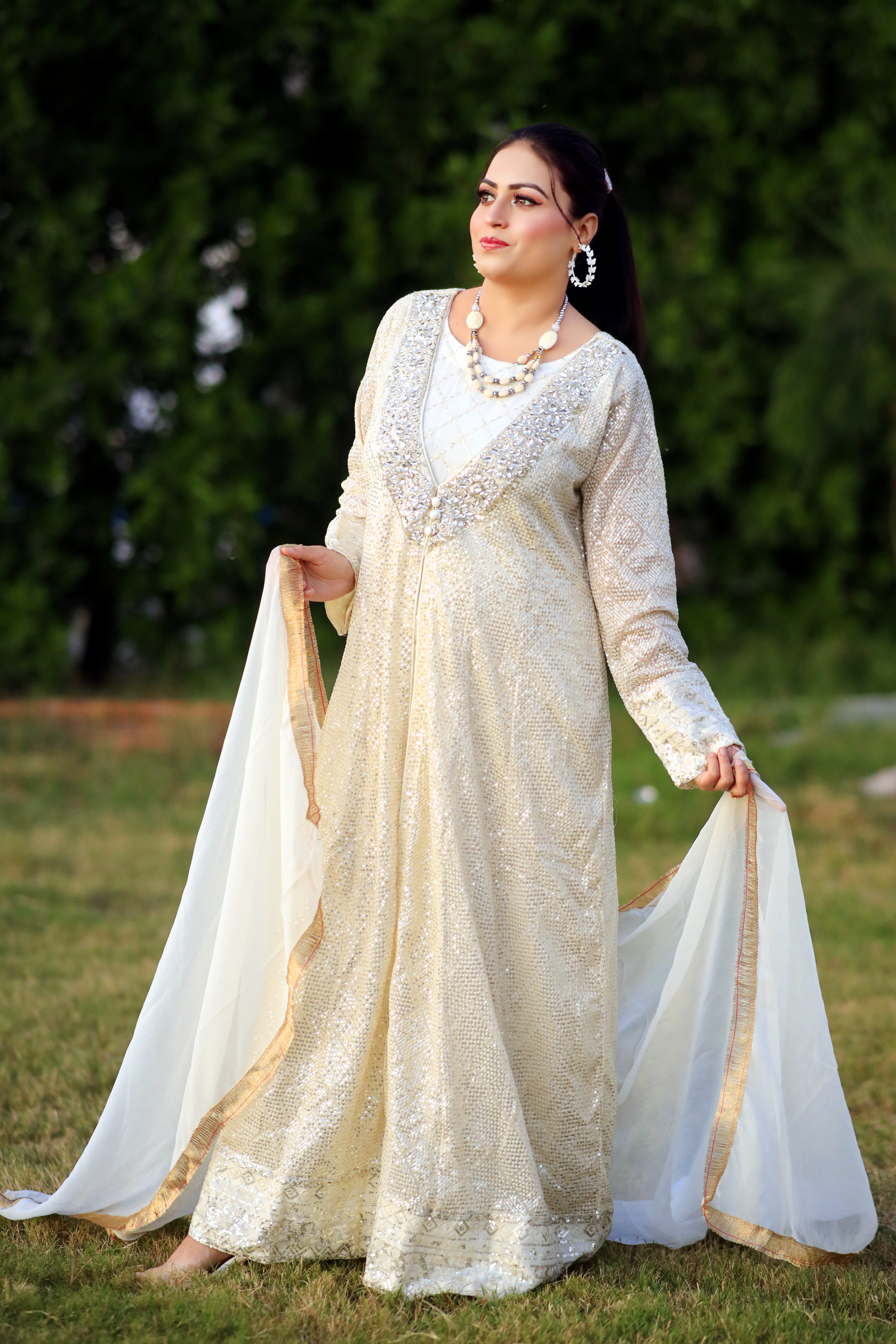 3Pc Chiffon Angrakha Frock with Embroidery, Sequin Work, and Kiran Lace Dupatta