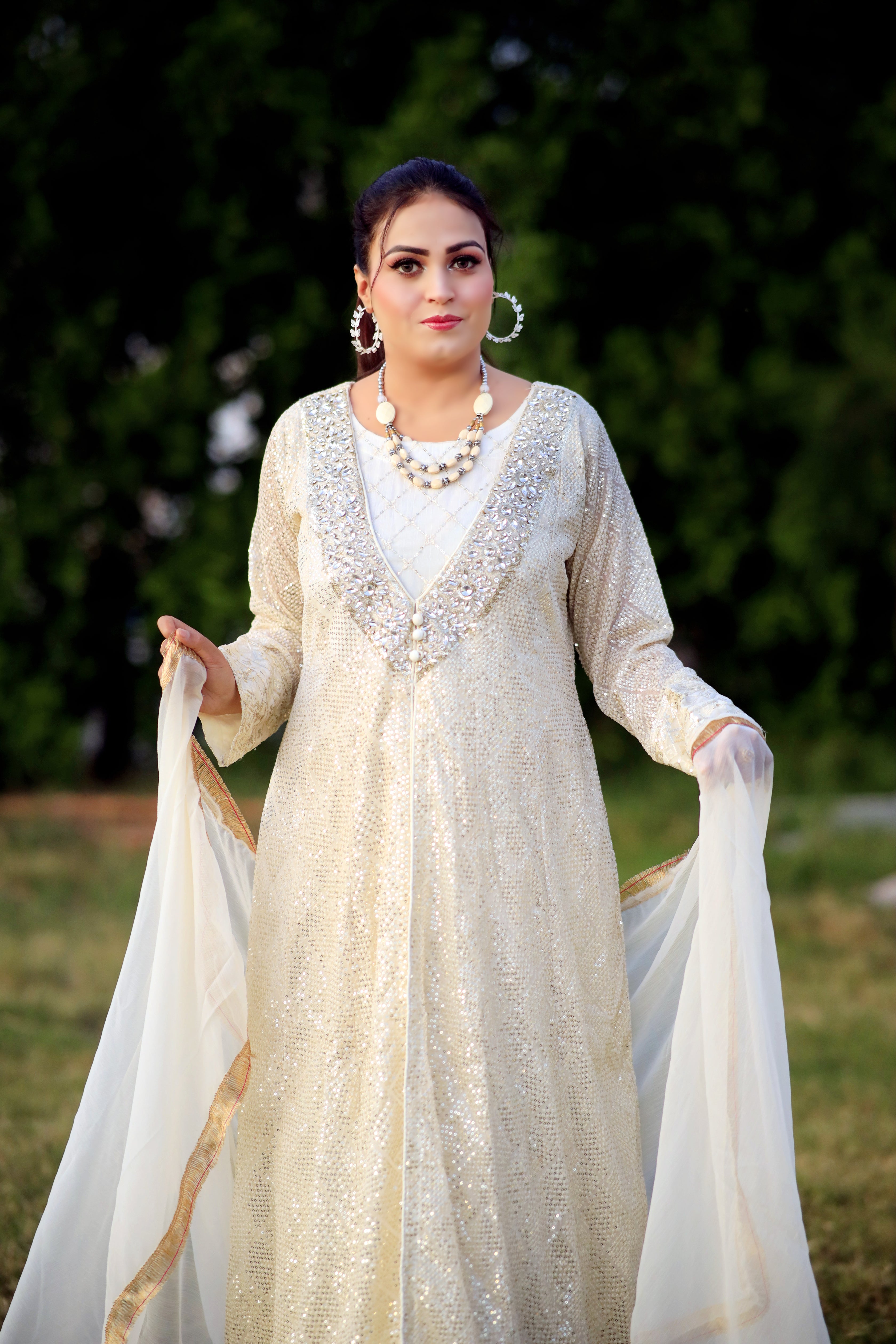 3Pc Chiffon Angrakha Frock with Embroidery, Sequin Work, and Kiran Lace Dupatta