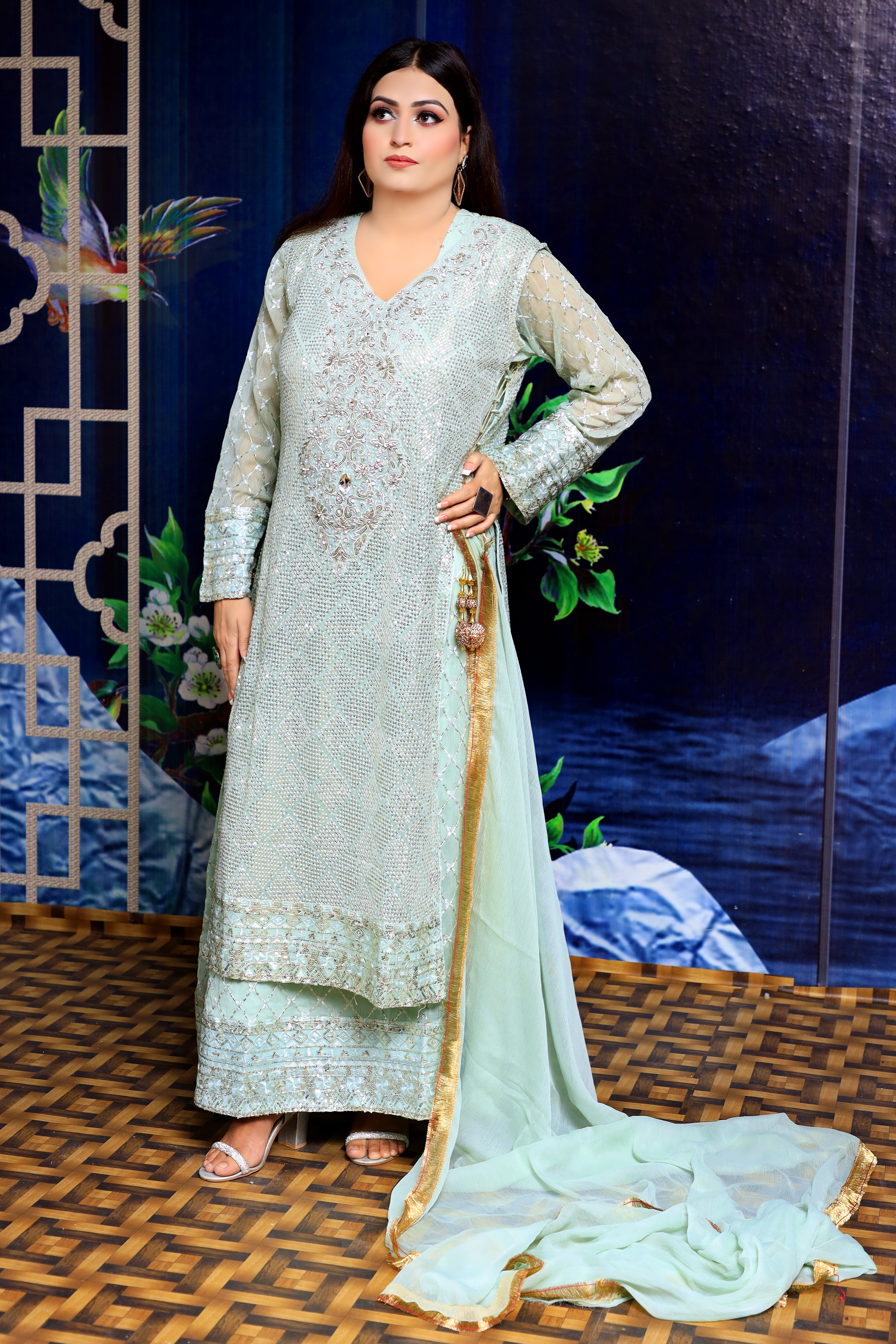 4Pc Chiffon Angrakha Maxi with Embroidery, Sequin Work, and Kiran Lace Dupatta