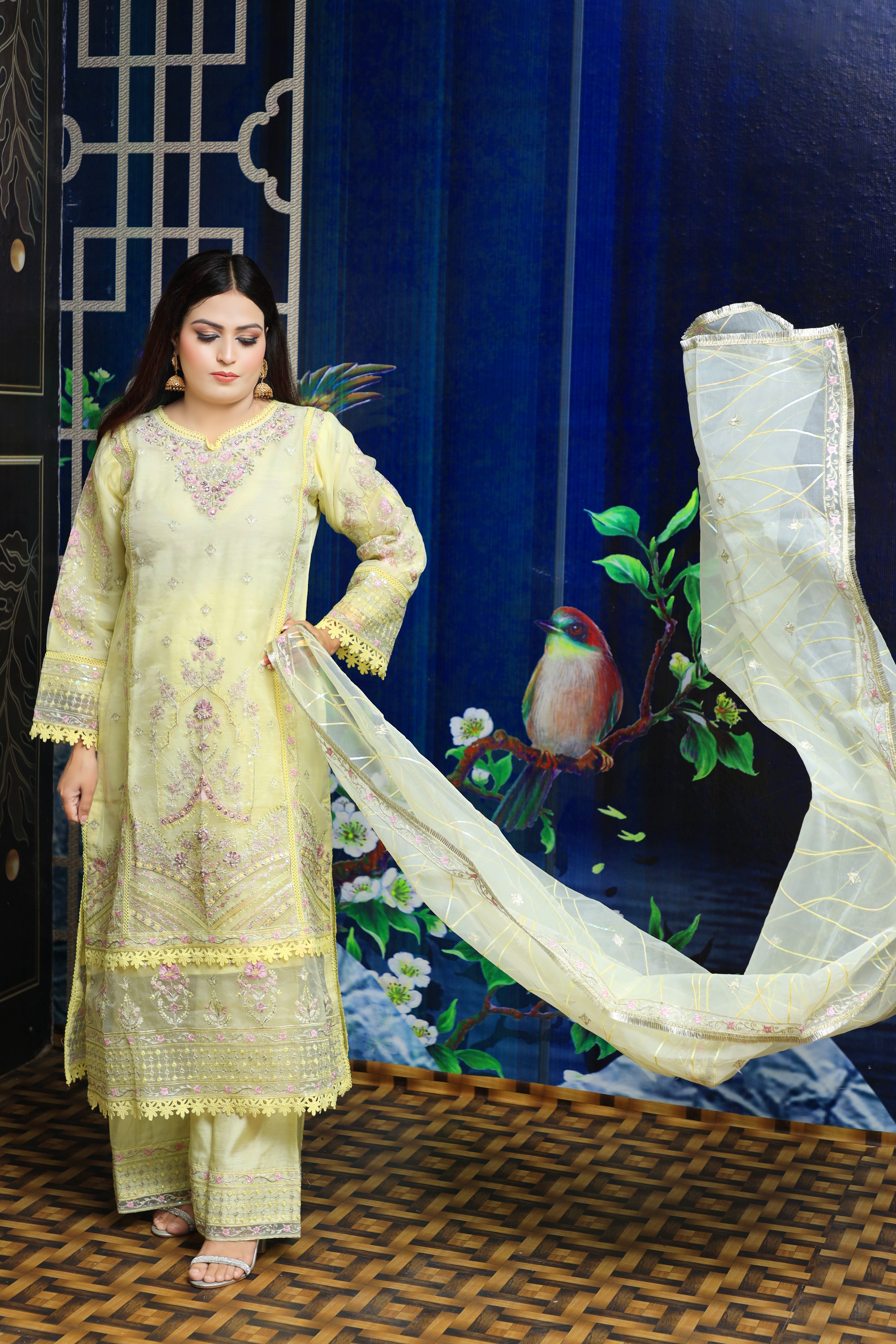 3-Piece Organza Suit with Stone Zari Embroidery and Sequin Dupatta