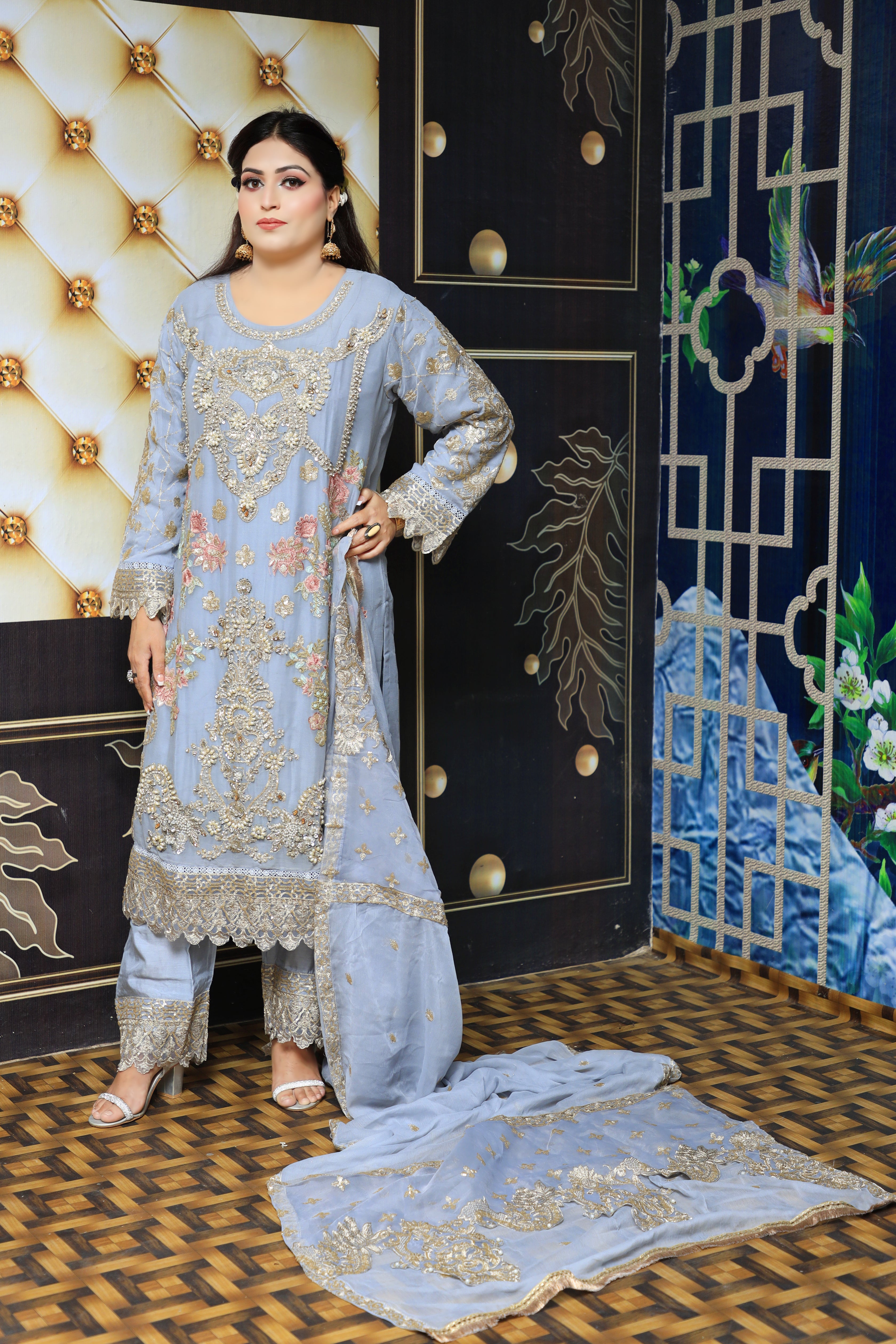 3-Piece Gray Chiffon Suit with Silver and Golden Embroidery