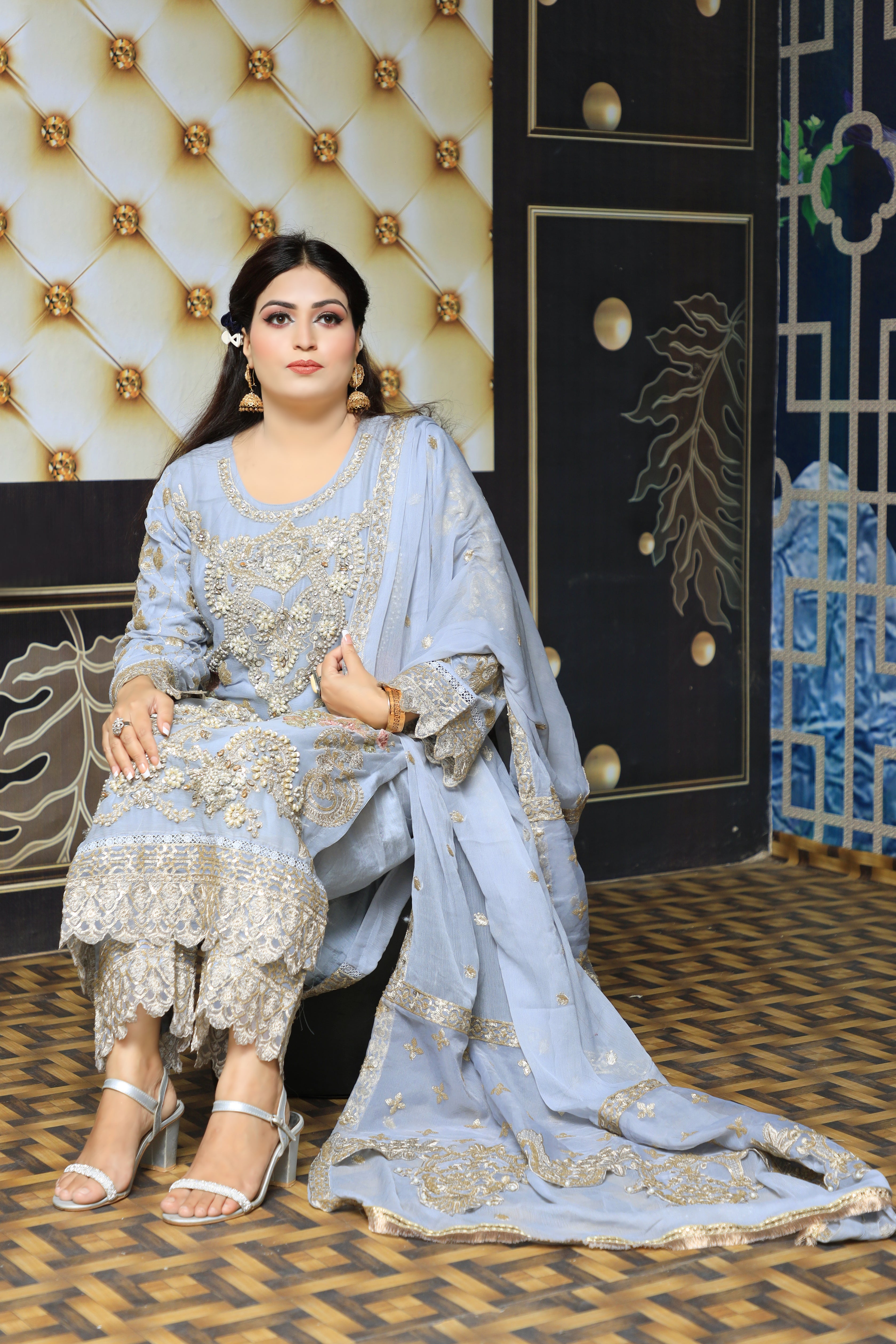 3-Piece Gray Chiffon Suit with Silver and Golden Embroidery