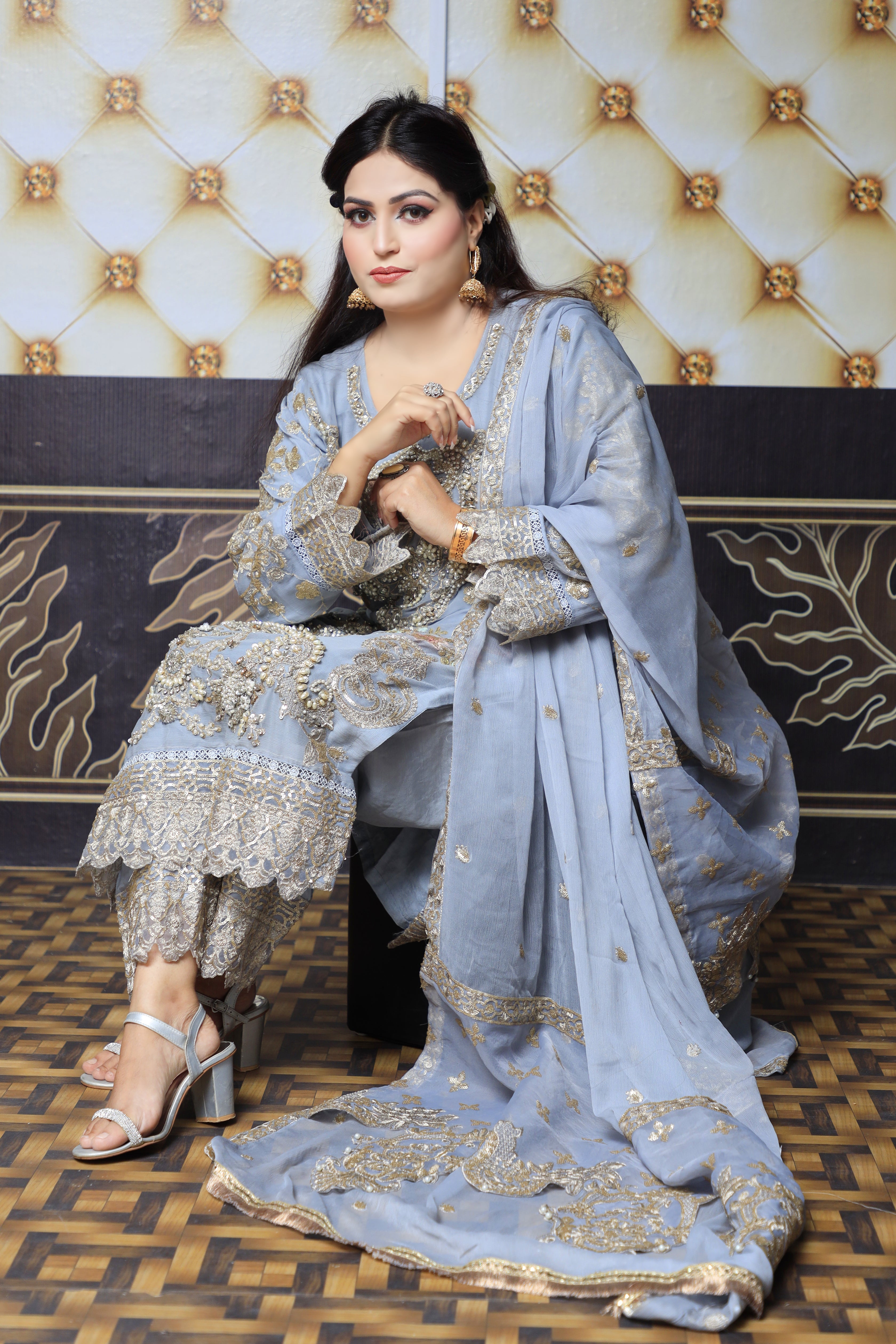 3-Piece Gray Chiffon Suit with Silver and Golden Embroidery