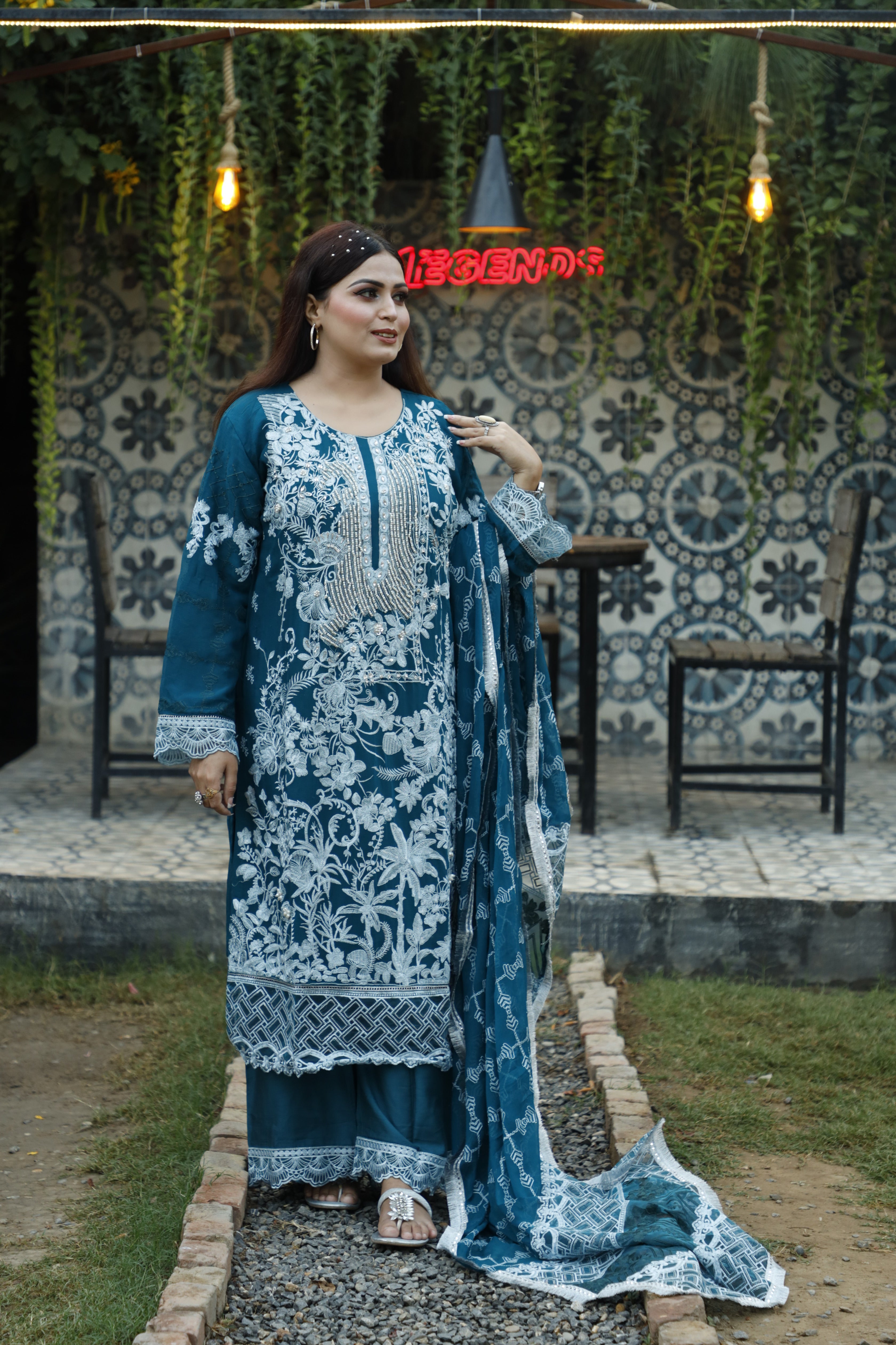 3-Piece Crinkle Chiffon Suit with Embroidery, Pearl, and Stone Work