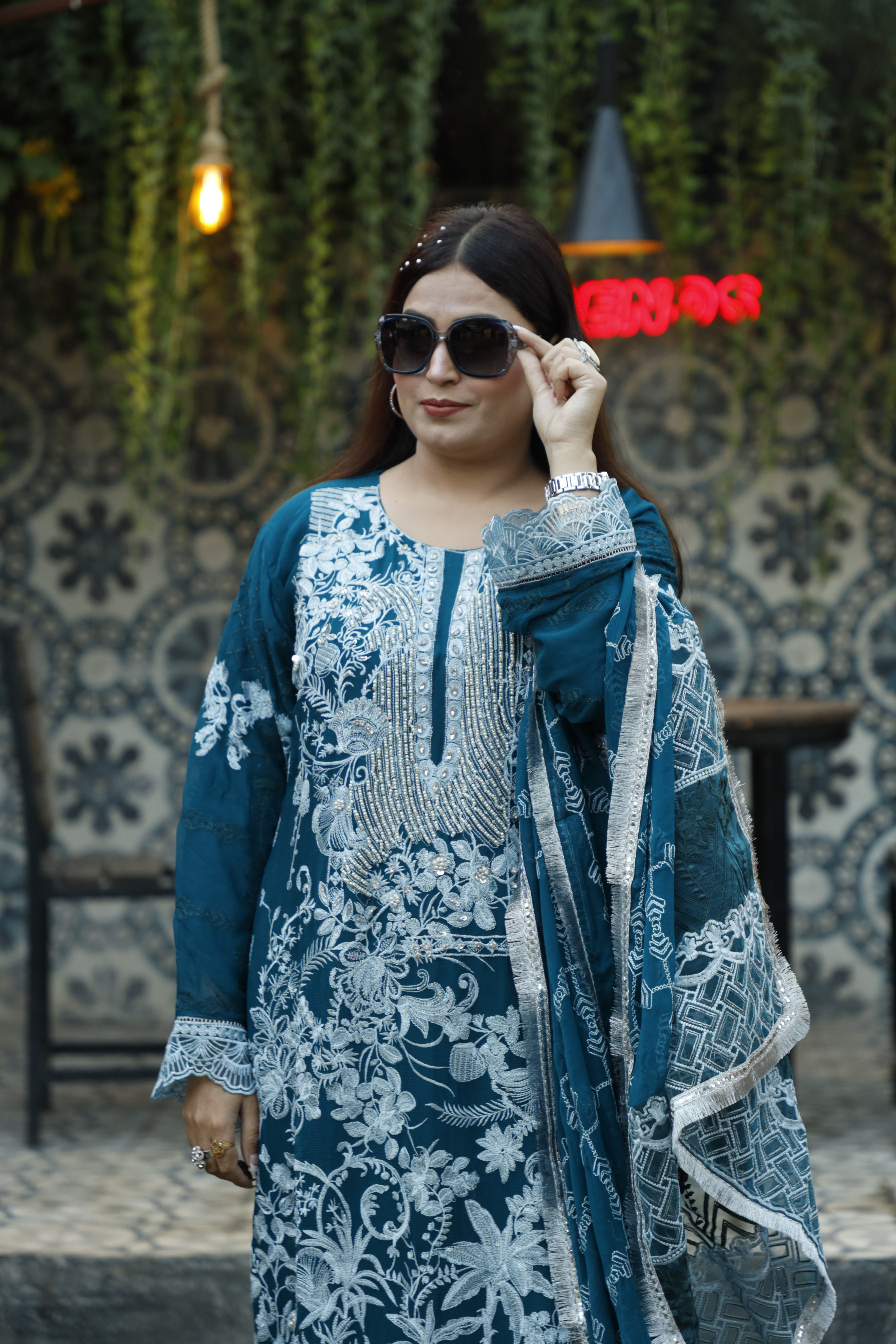 3-Piece Crinkle Chiffon Suit with Embroidery, Pearl, and Stone Work