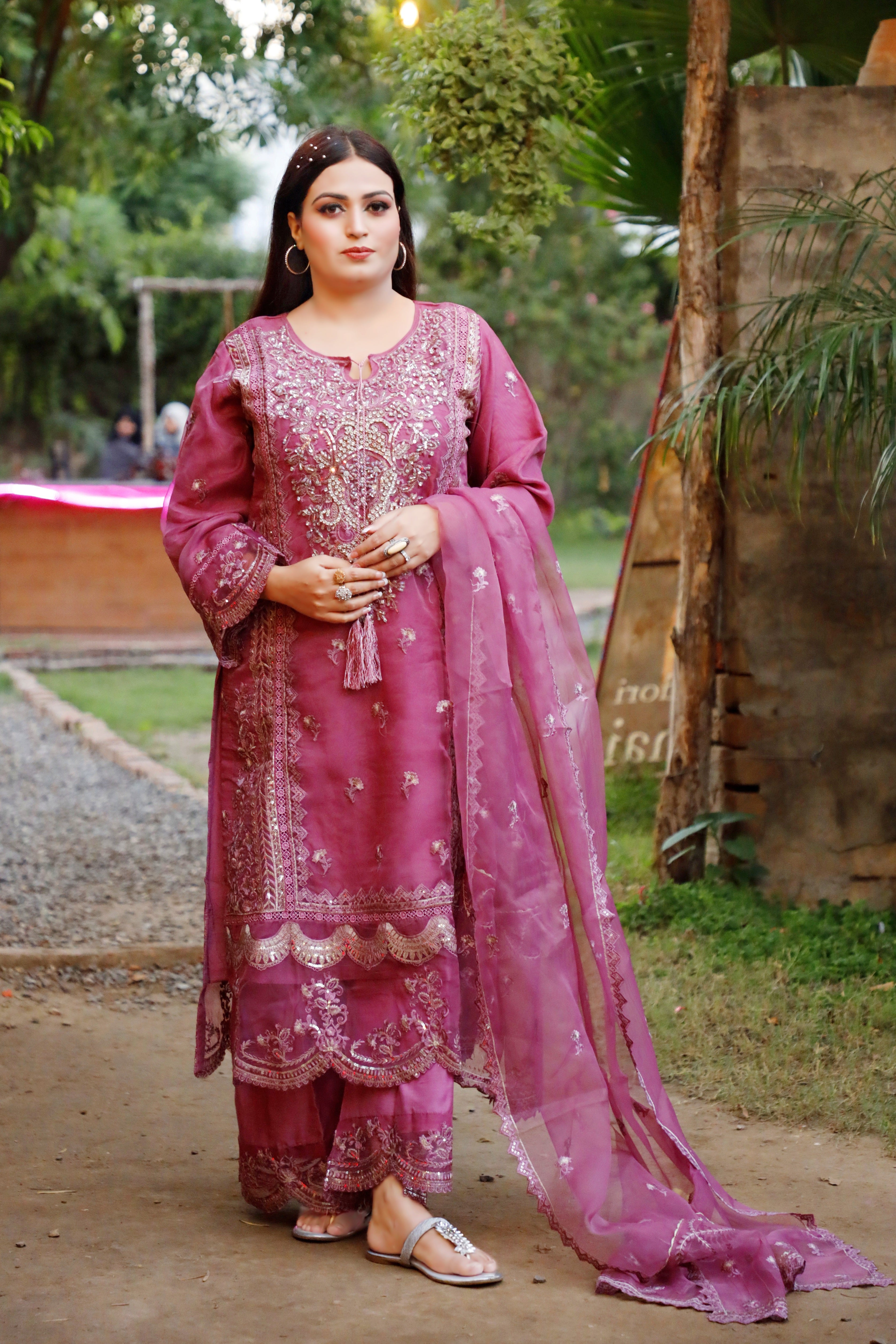 3-Piece Organza Suit with Stone Work, Embroidery, and Cutwork