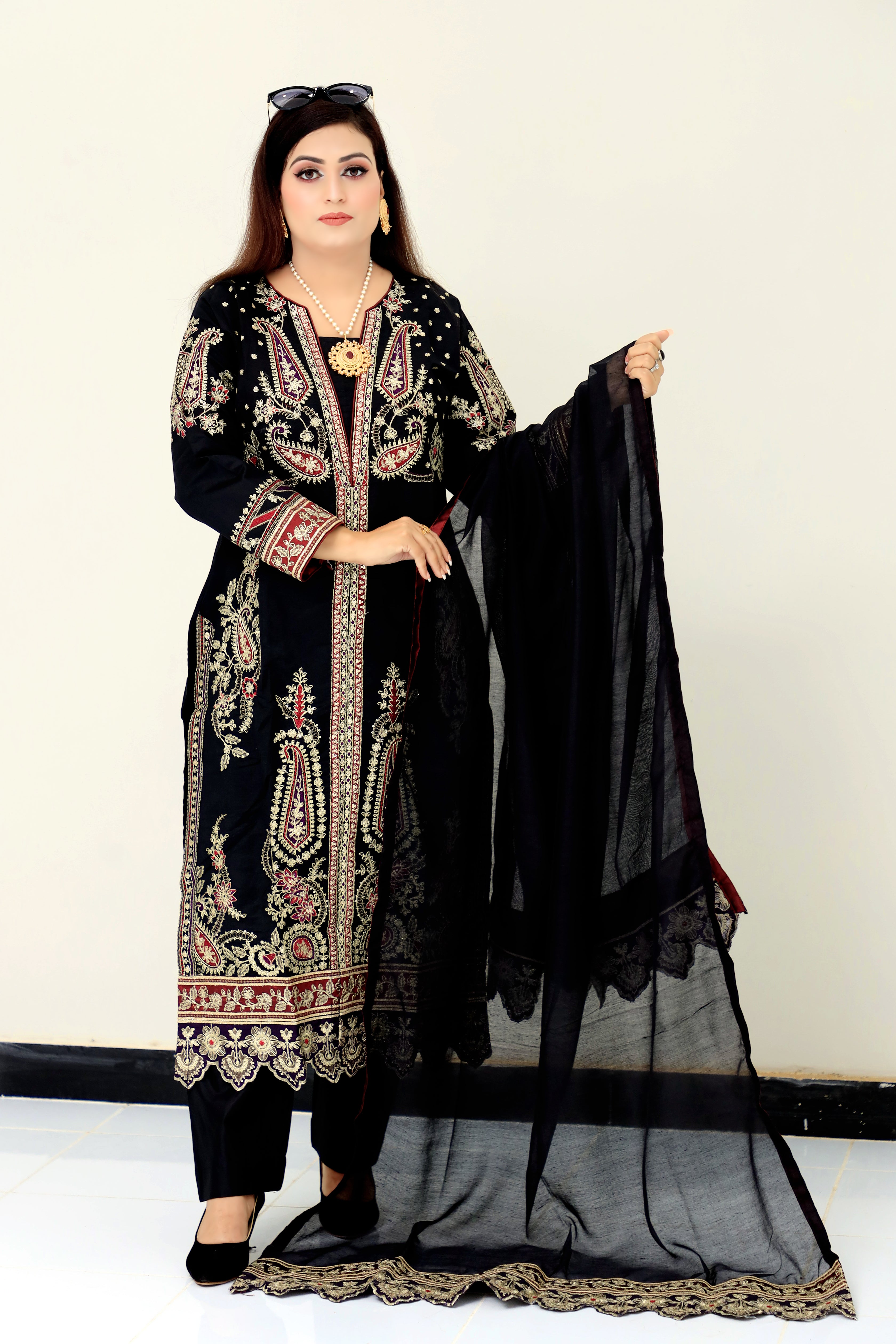 3-Piece Cotton Blend Front Open Gown with Shalwar and Embroidery