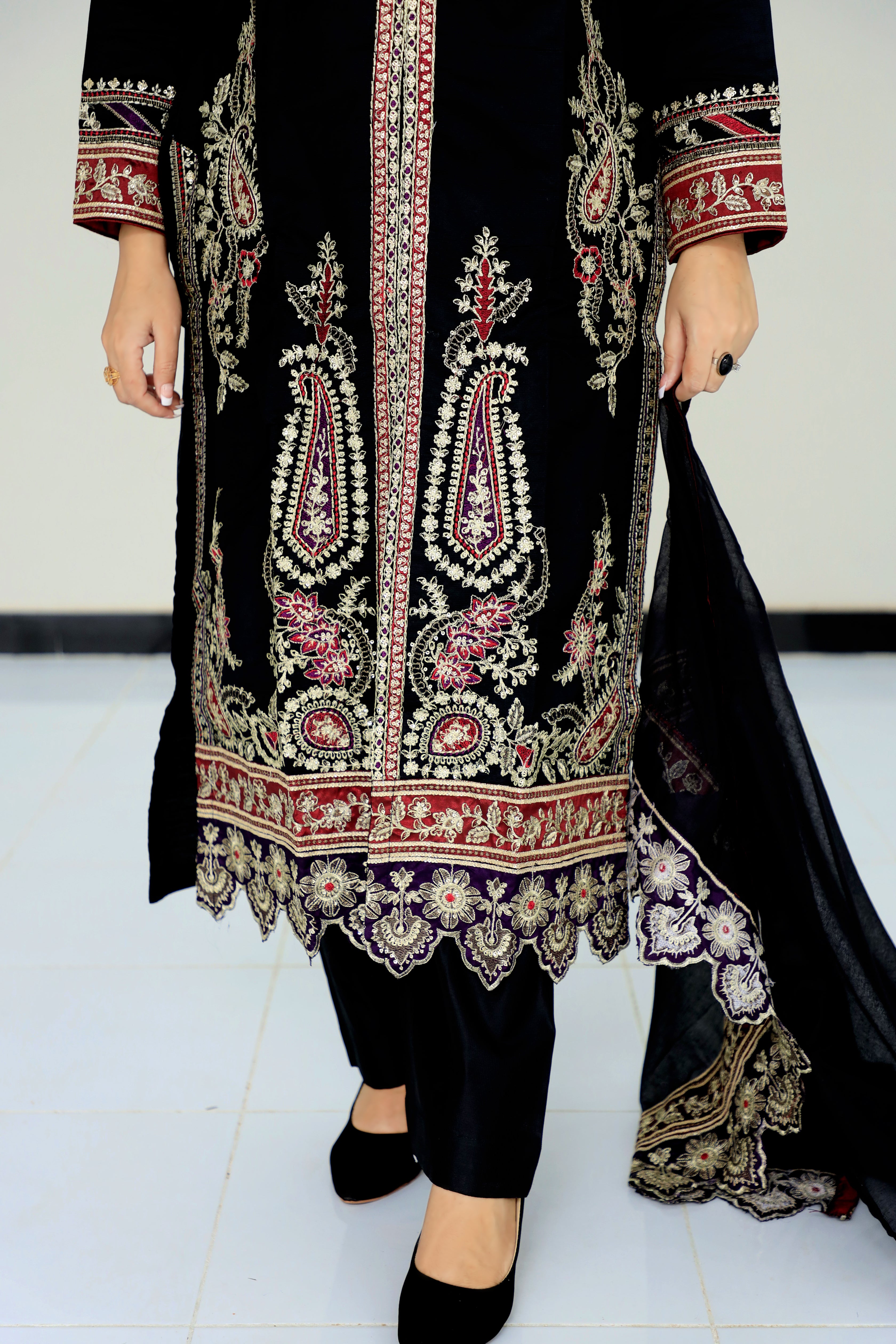 3-Piece Cotton Blend Front Open Gown with Shalwar and Embroidery