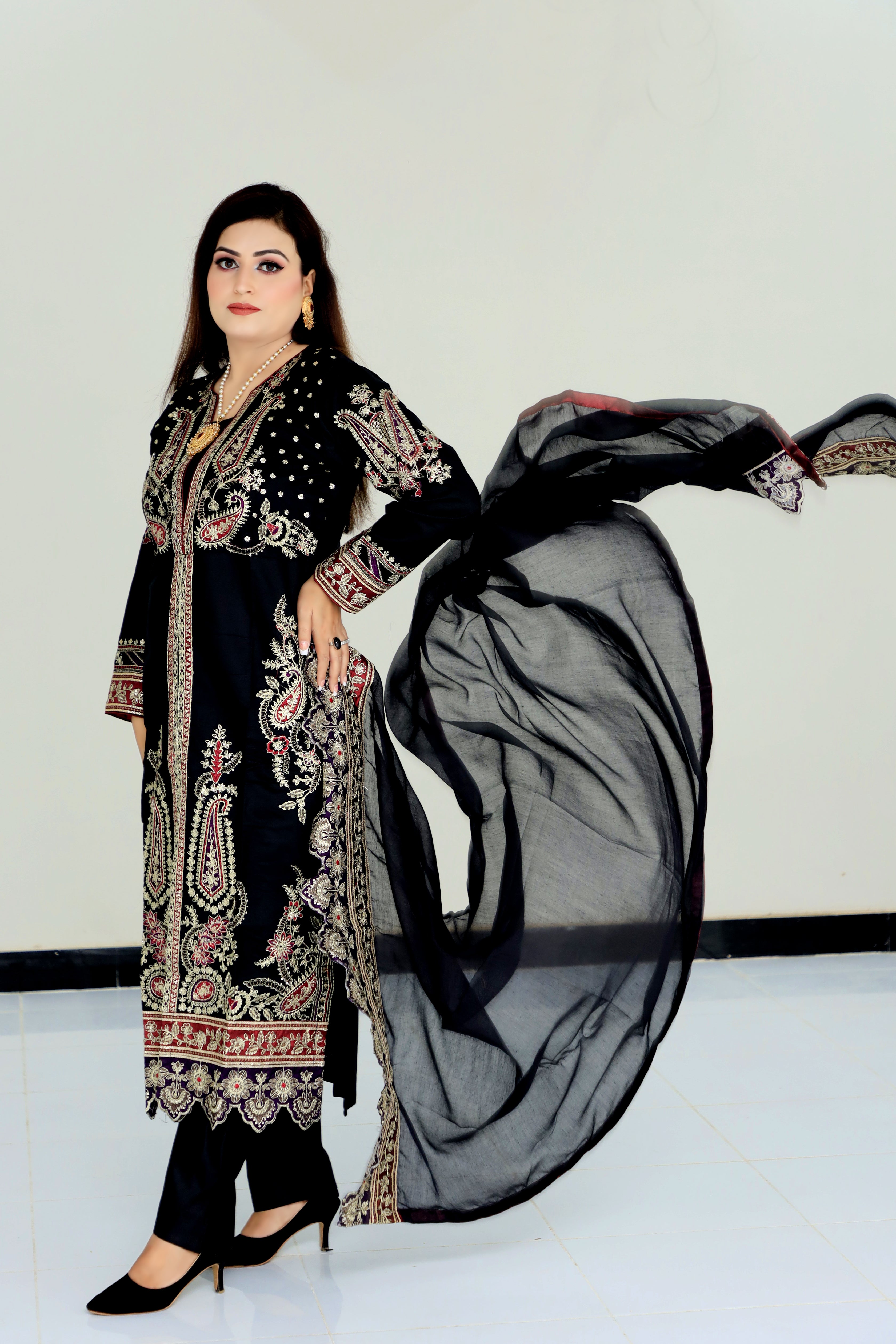 3-Piece Cotton Blend Front Open Gown with Shalwar and Embroidery