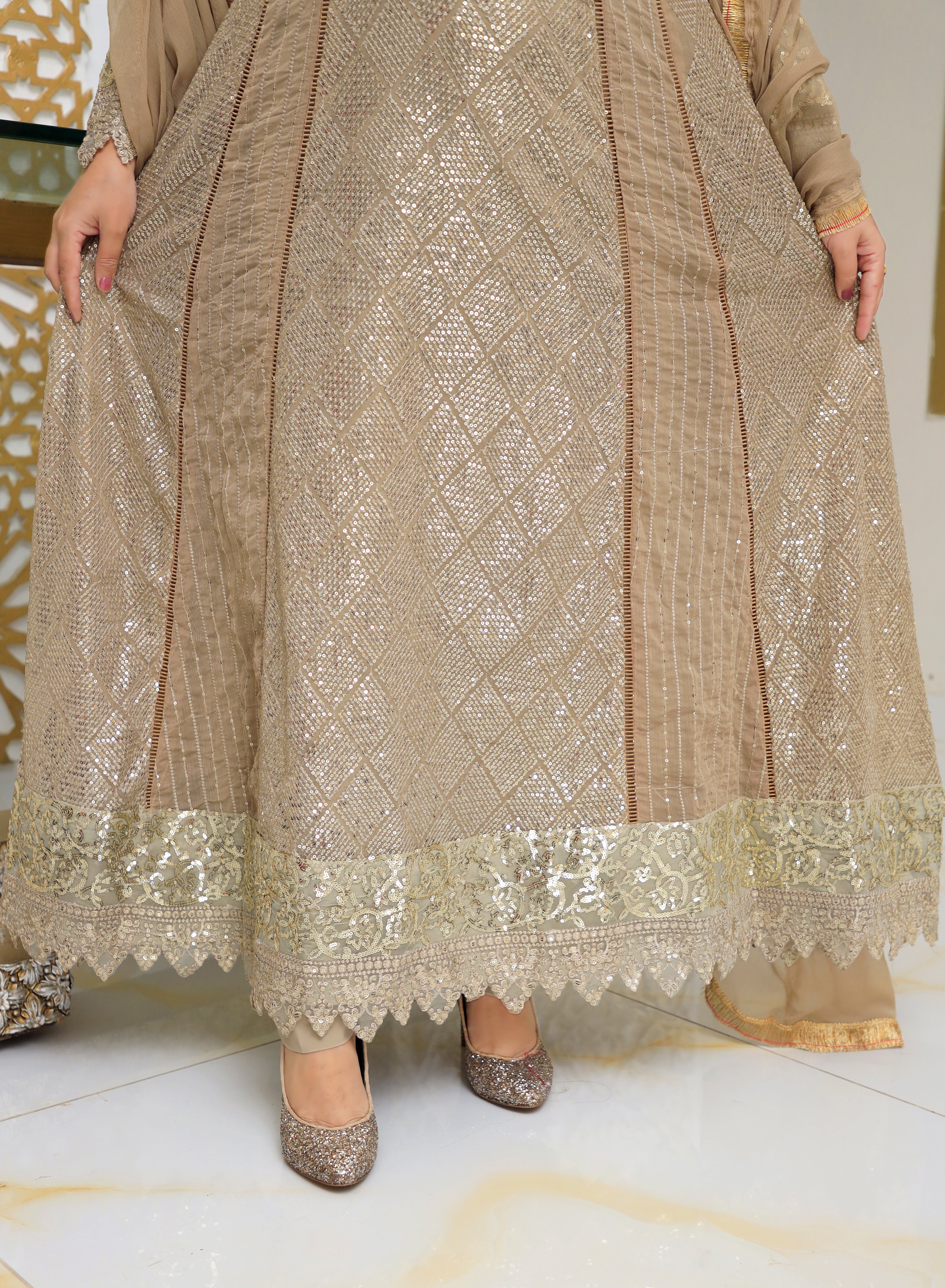 3-Piece Crinkle Chiffon Angrakha Frock with Zari and Sequin Embroidery