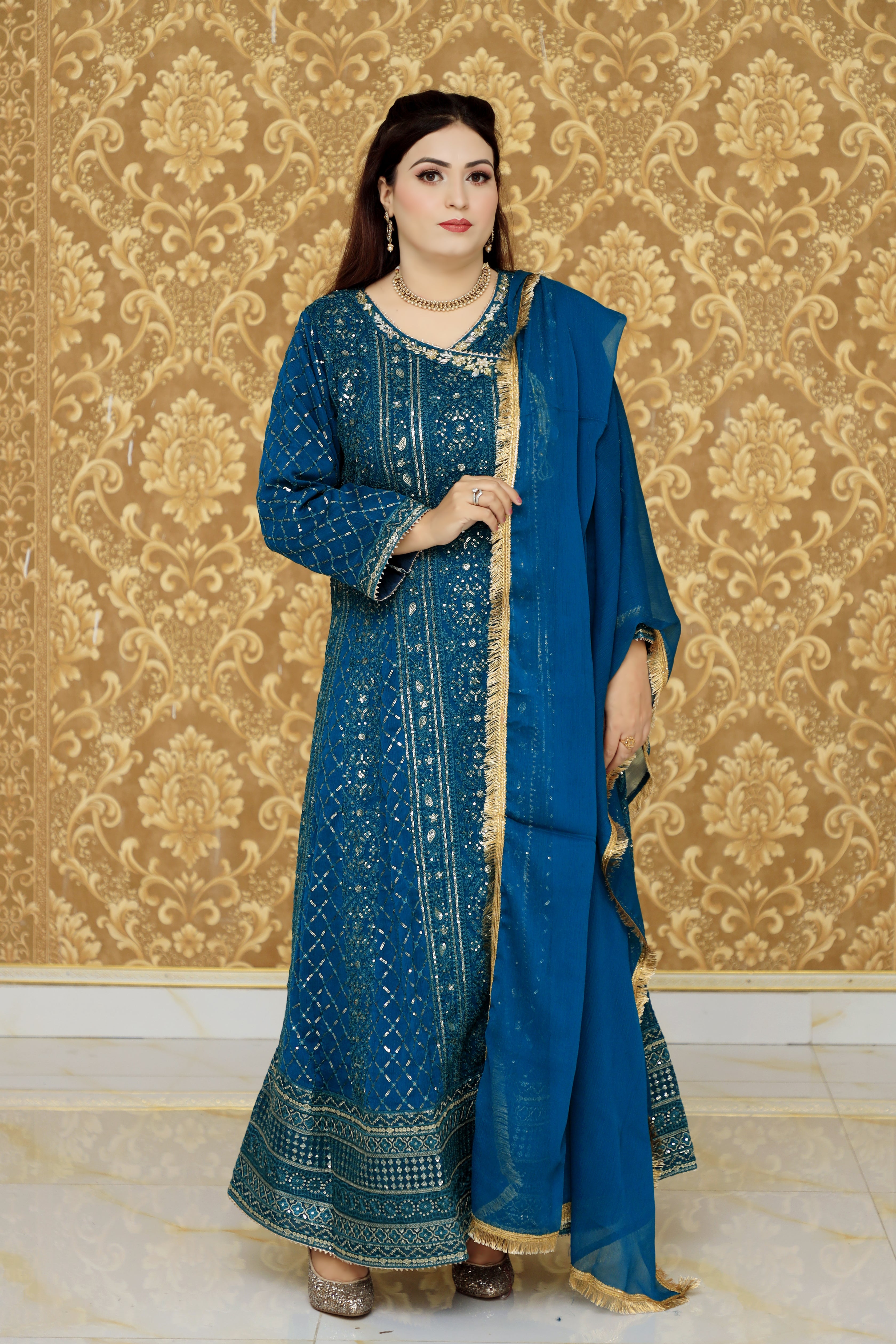 3-Piece Crinkle Chiffon Angrakha Frock with Embroidery and Gotta Lace Dupatta