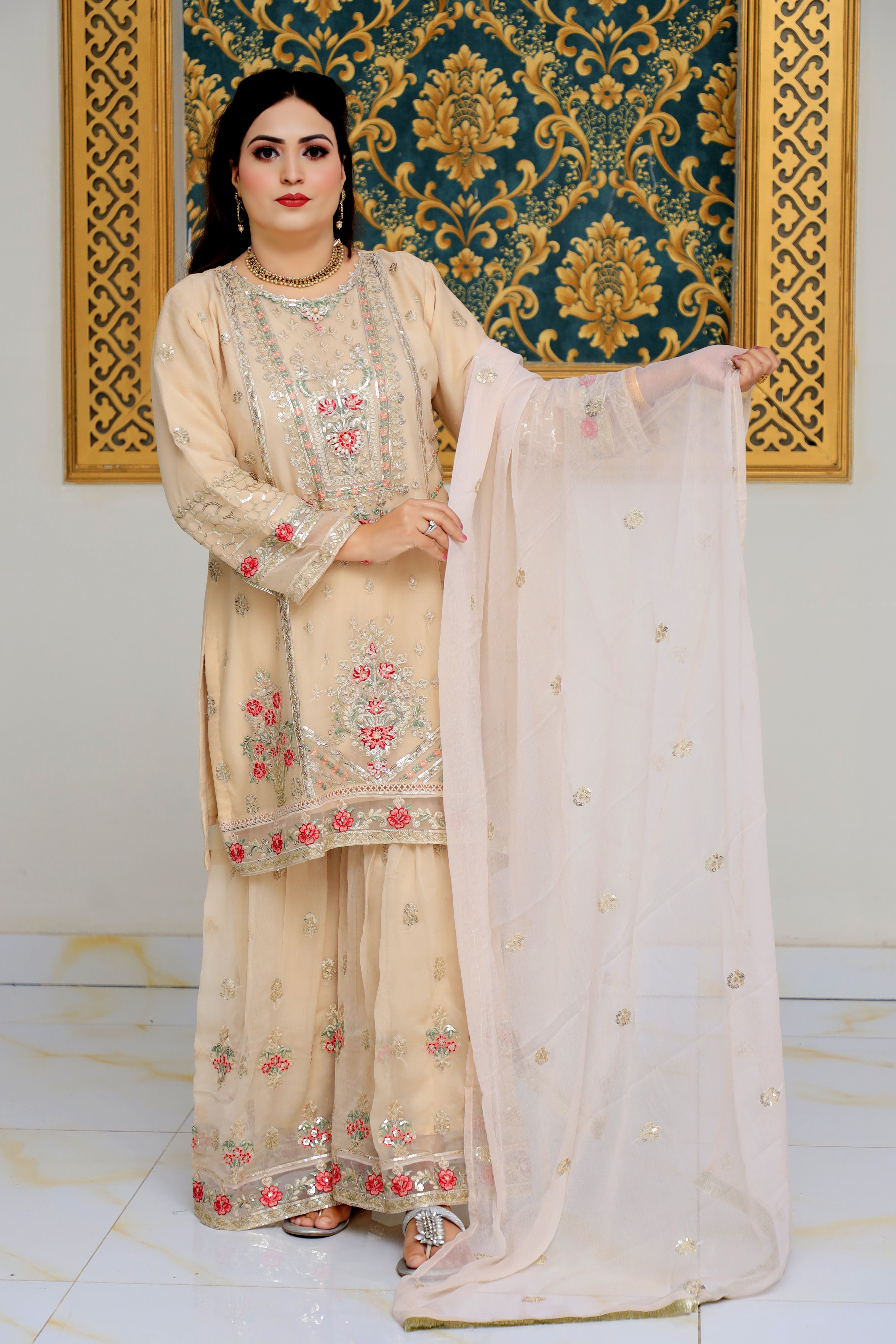 3-Piece Crinkle Chiffon Suit with Golden Zari, Pearl, and Sequin Work