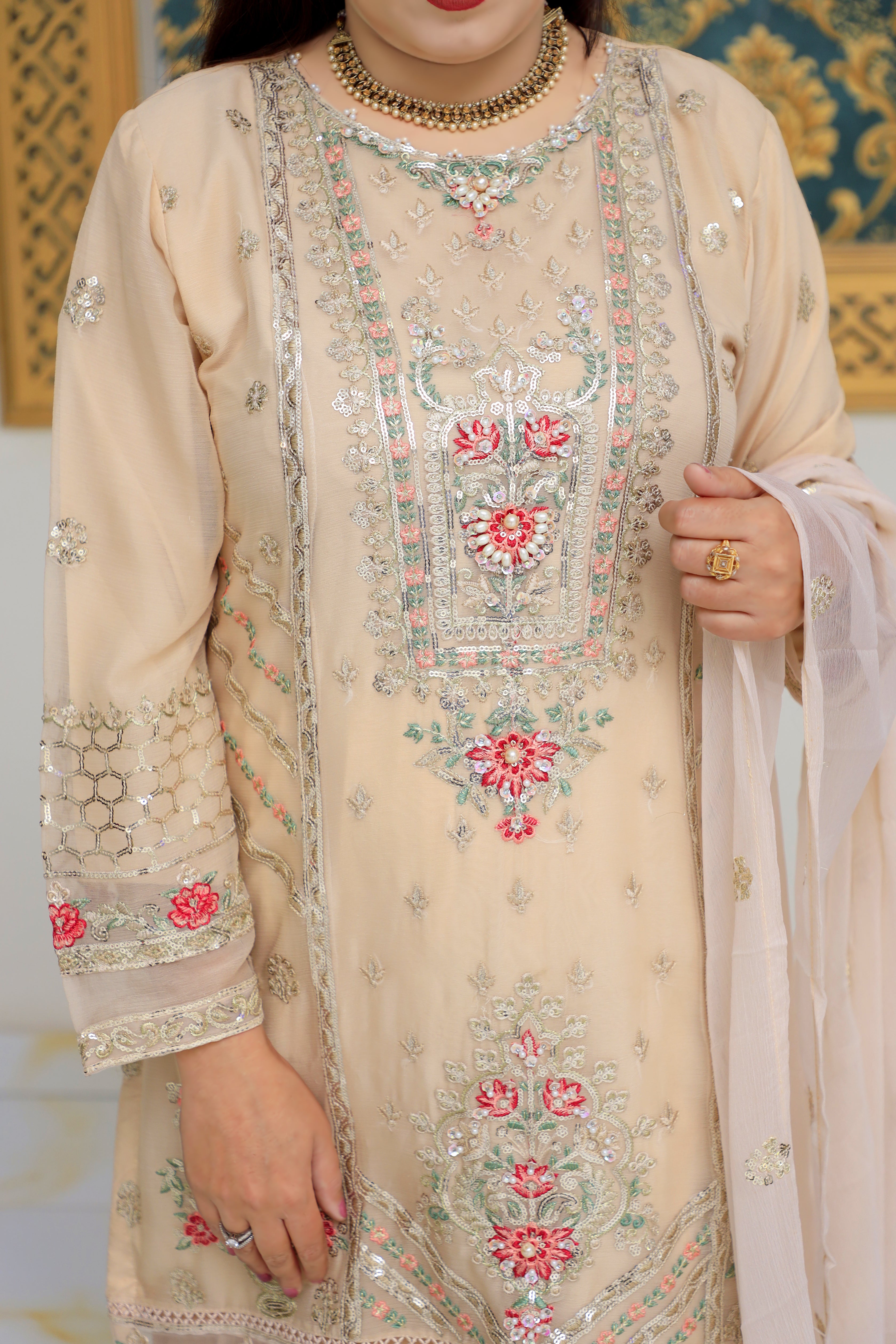 3-Piece Crinkle Chiffon Suit with Golden Zari, Pearl, and Sequin Work