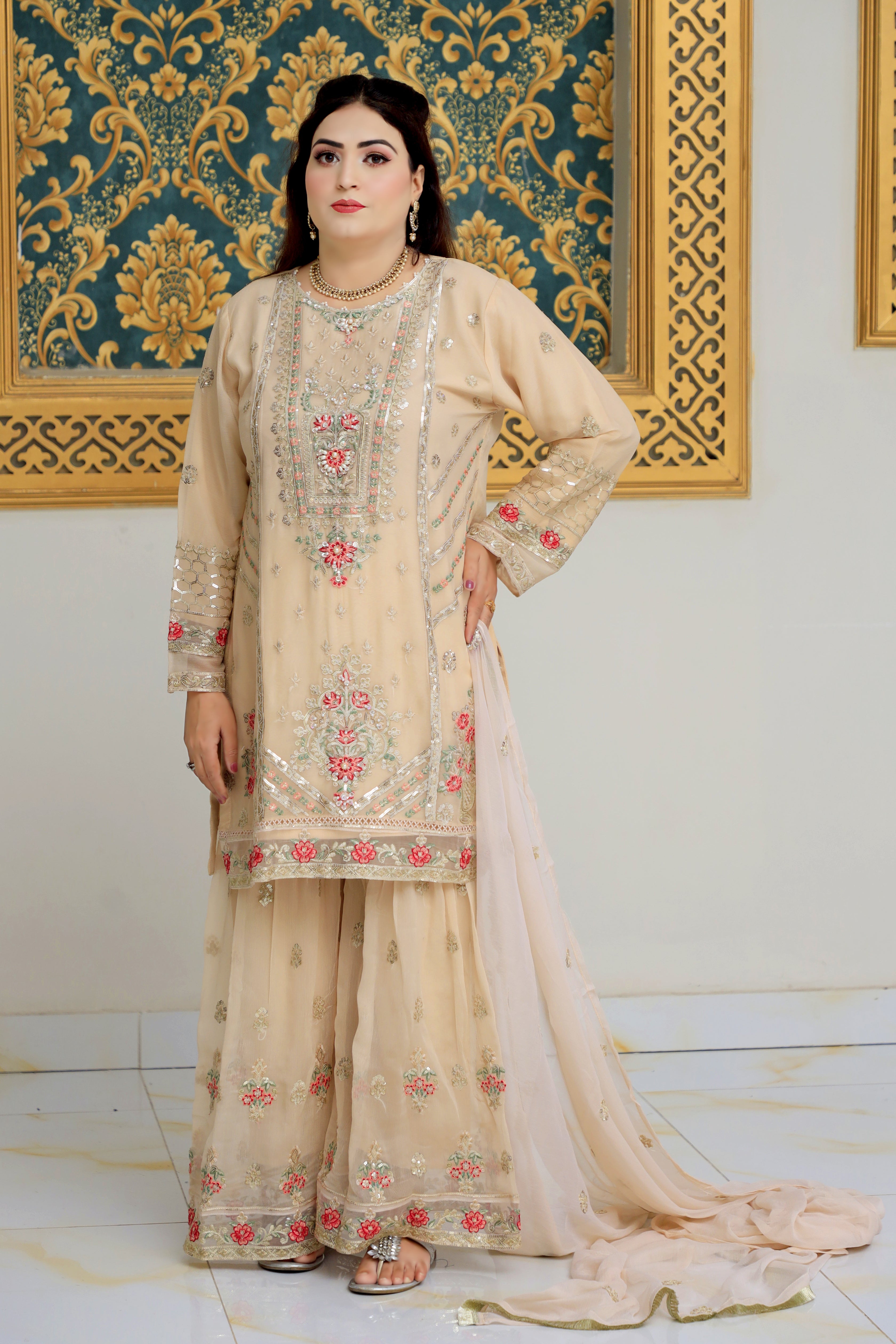 3-Piece Crinkle Chiffon Suit with Golden Zari, Pearl, and Sequin Work