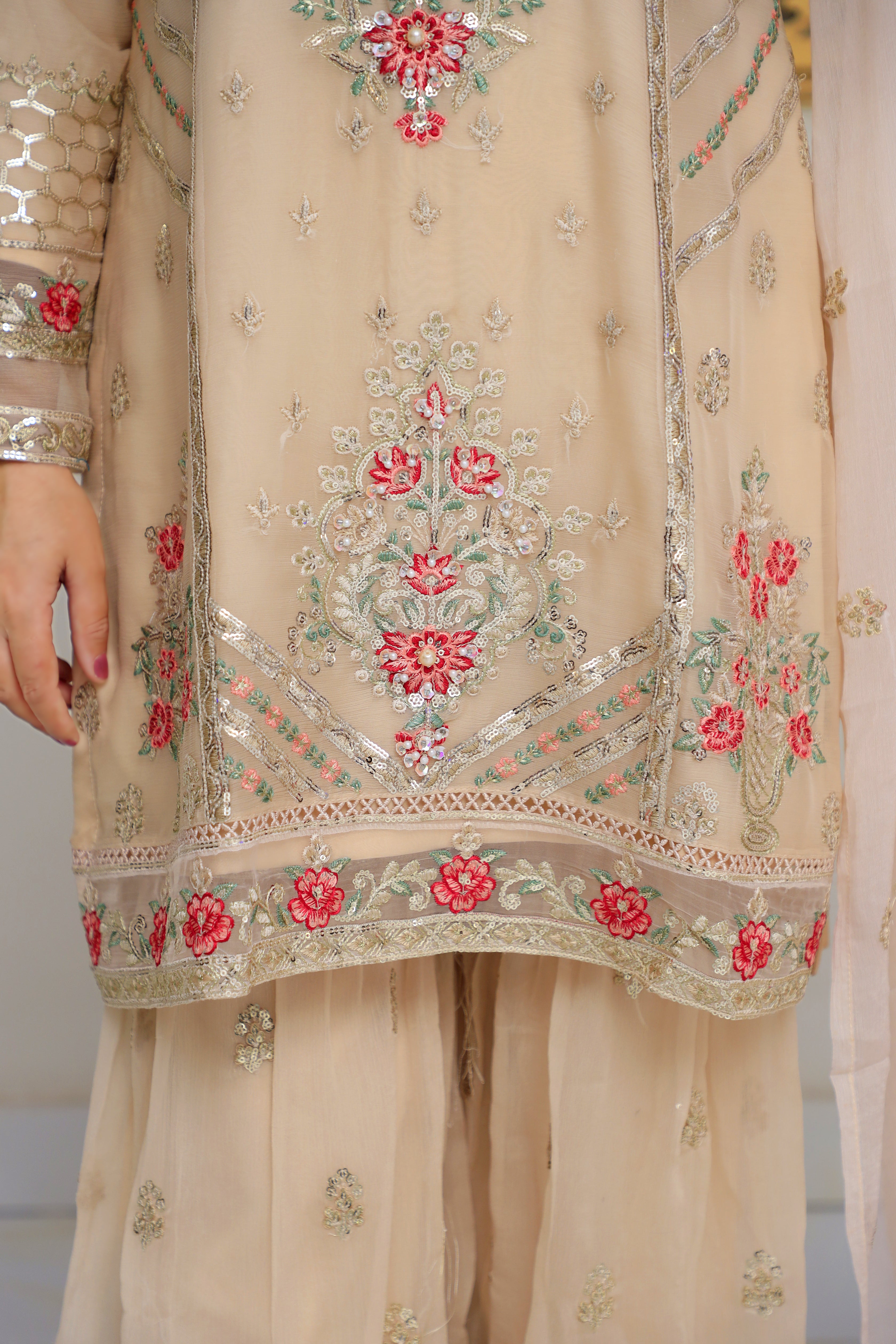 3-Piece Crinkle Chiffon Suit with Golden Zari, Pearl, and Sequin Work