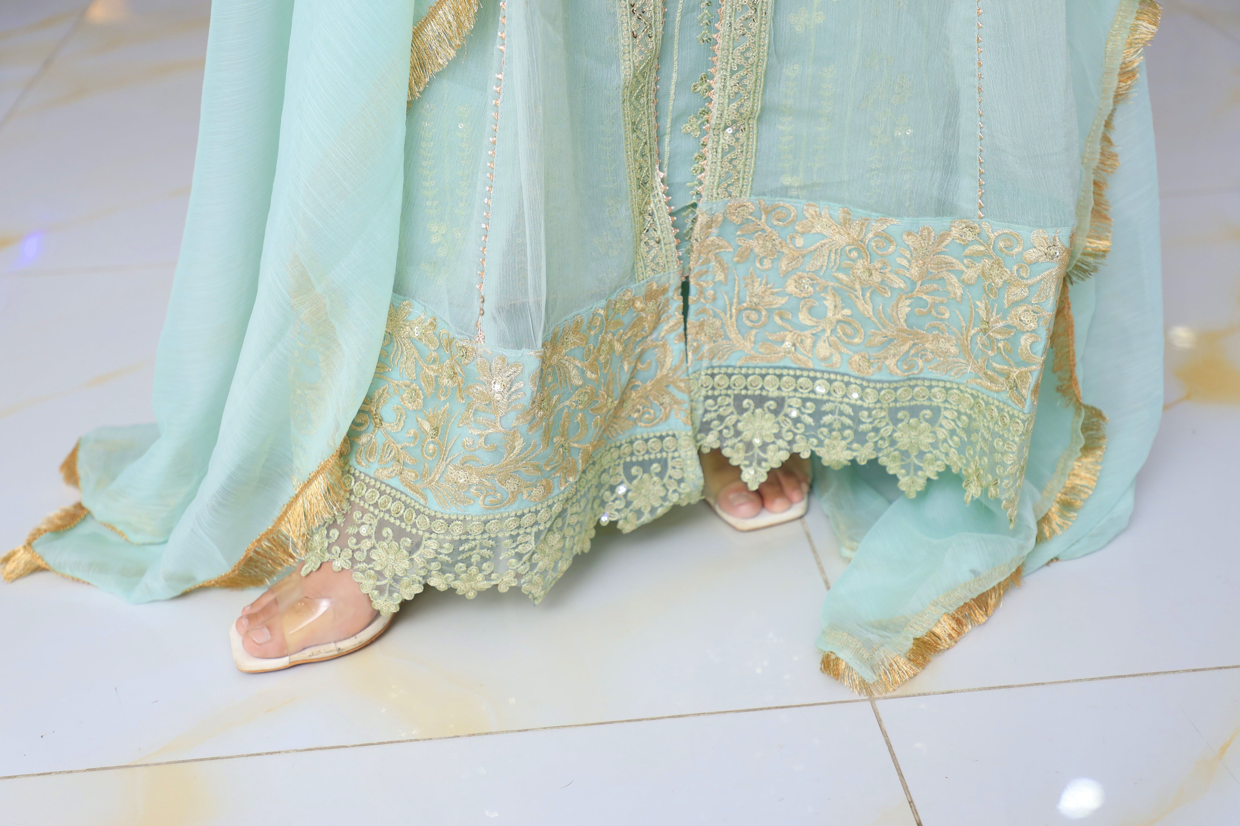 3-Piece Crinkle Chiffon Maxi with Open Gown, Zari Border, and Gotta Dupatta