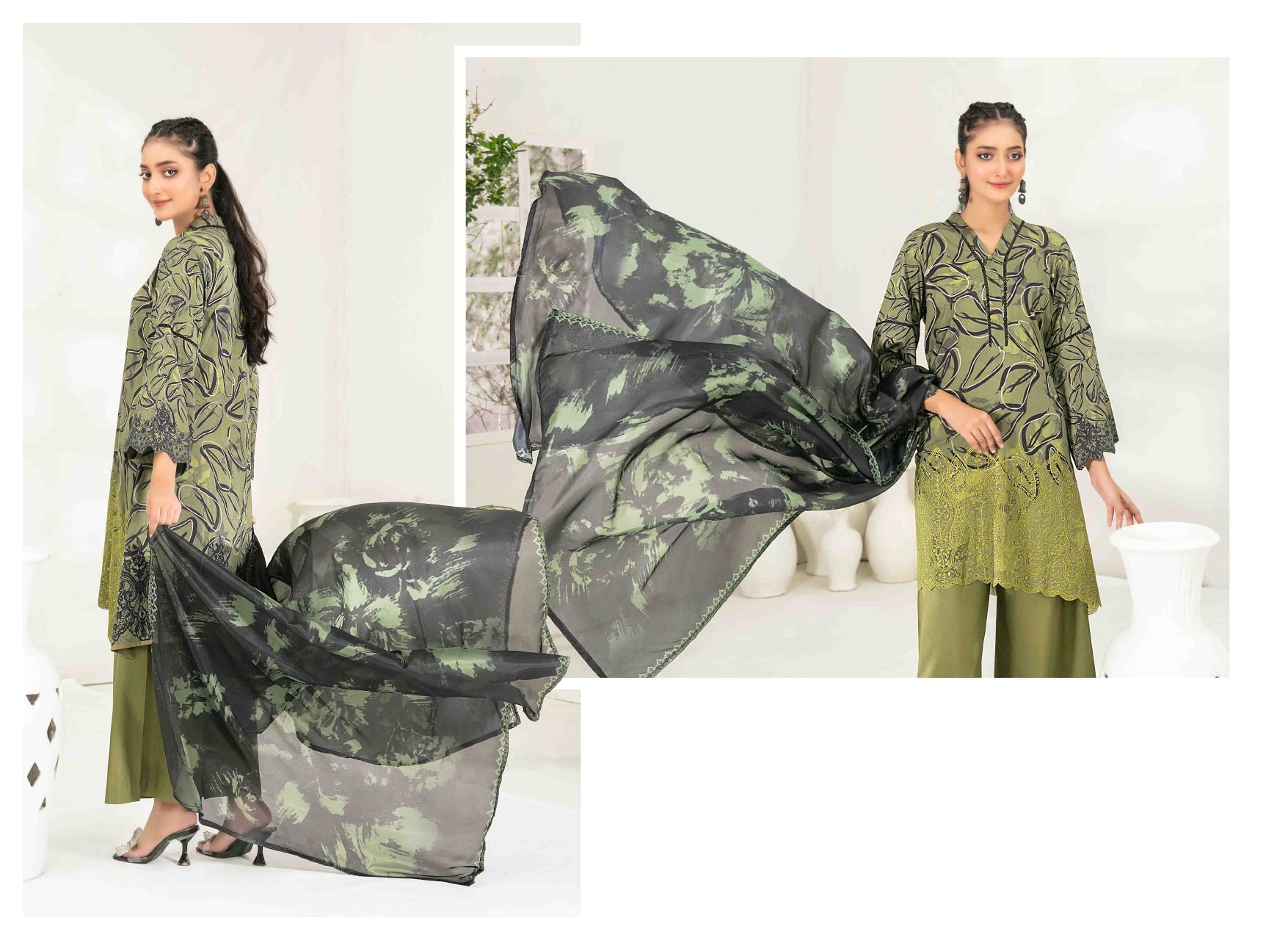 3Pc Stitched Embroidered Digital Printed Viscose Suit with Silk Dupatta