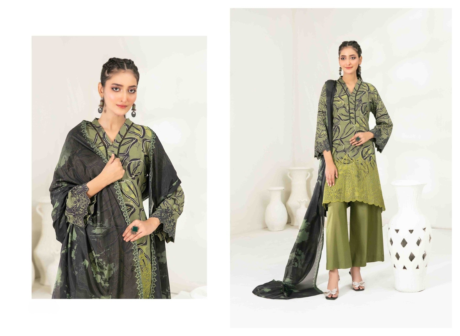 3Pc Stitched Embroidered Digital Printed Viscose Suit with Silk Dupatta