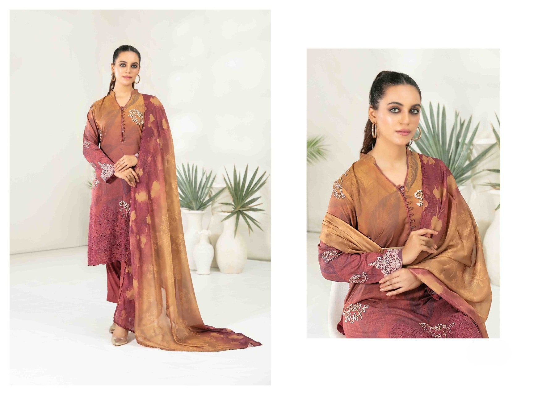 3Pc Stitched Embroidered Digital Printed Viscose Suit with Silk Dupatta